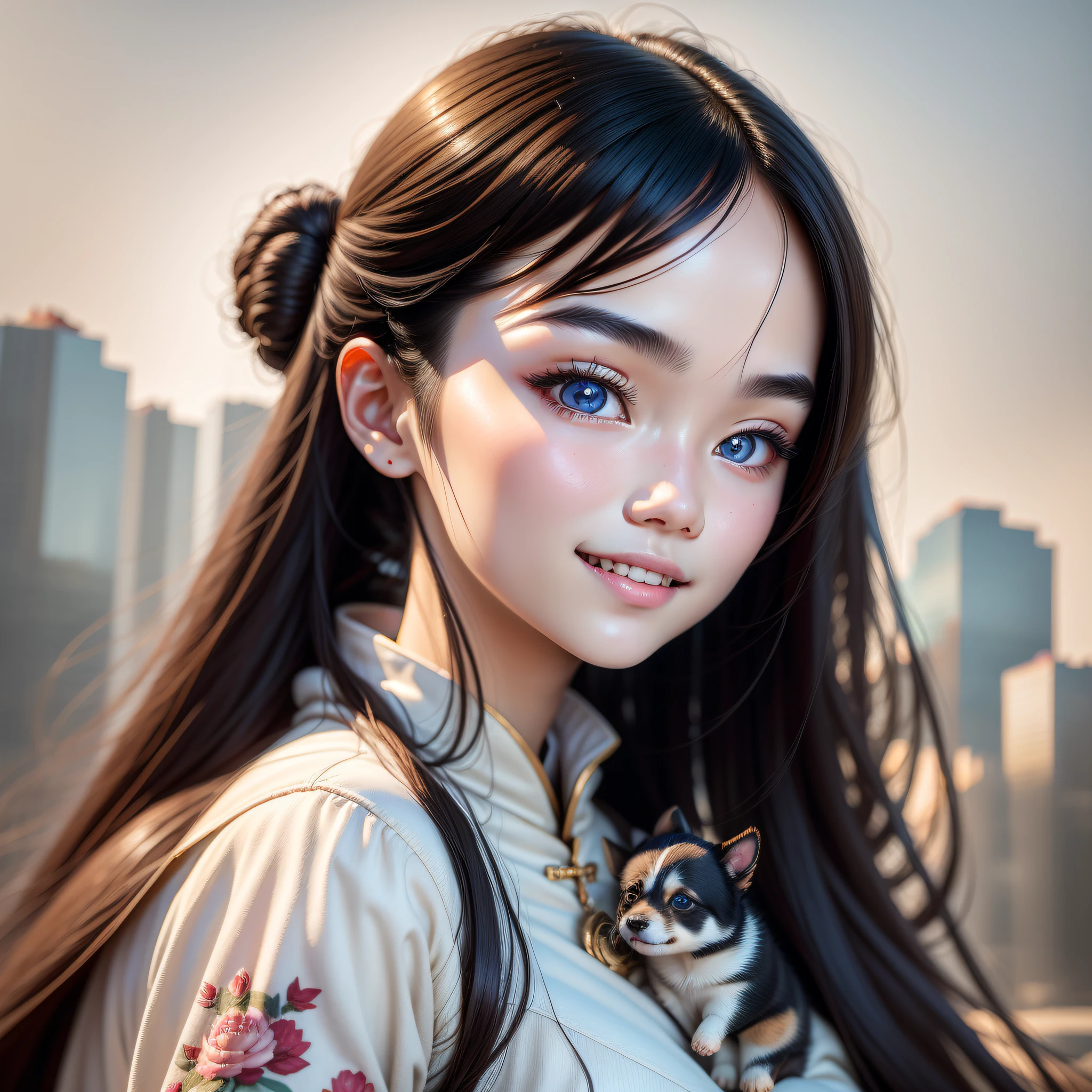 A Chinese girl, 18 years old, (holding puppy 1.3) (full body picture 1.2), beautiful eyes, real face, real skin, realistic face, realistic skin, detailed eyes, detailed facial features, detailed clothing features, (fashion hairstyle: 1.2) dynamic pose, simple background, smile, detailed face, double eyelids,
