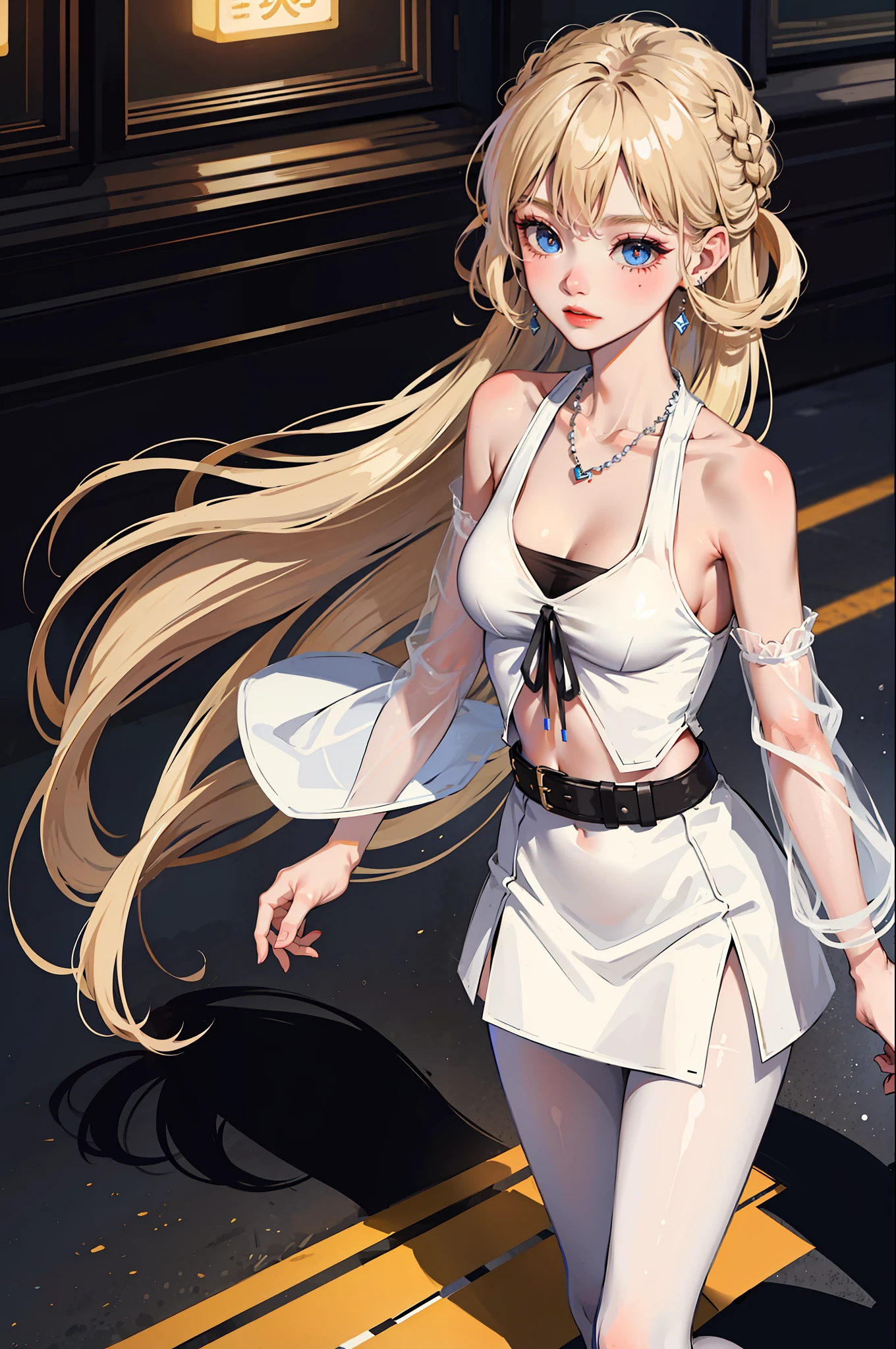 (Best Quality, 8k, Masterpiece), (A Beautiful Girl, Long Blonde Hair, Long Messy Hair, Big Eyes: 1.3, Long Eyelashes, Delicate Makeup: 1.4, Sexy Lips, Blush), (Exquisite Watch, Silver Reflective Heart-shaped Necklace, Bulgari Earrings, Bulgari Ring), Leopard print short coat, wearing sunglasses, (Walking on the streets of Japan, snapping, street photography), (Fashion outfit, wearing white T-shirt, Nike), (medium chest, stiff), (Black shiny transparent pantyhose), (high-waisted skirt), light ripe, royal sister, best light, best shadow, movie lighting, 28 years old, 1girl, super, (real skin, supple skin) ray tracing, Unreal Engine 5, reflective skin, digital illustration, game CG characters, supermodel, (Kpop, idol), (body edge lighting, colored light sources around), wind blowing hair, wearing headphones listening to songs, looking into the distance,