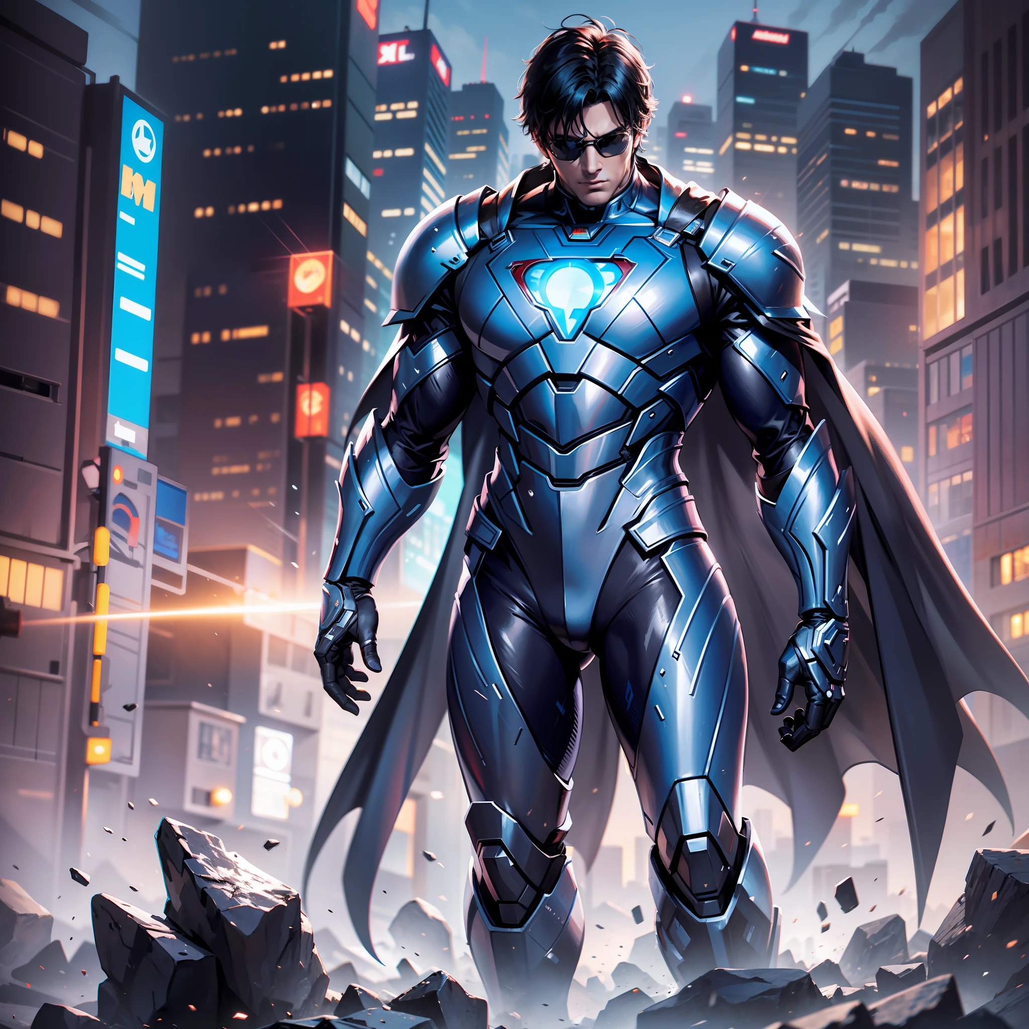 Superman in steel armor, black mech, blue cape, with black sunglasses, cyberpunk, perfect details, 8k