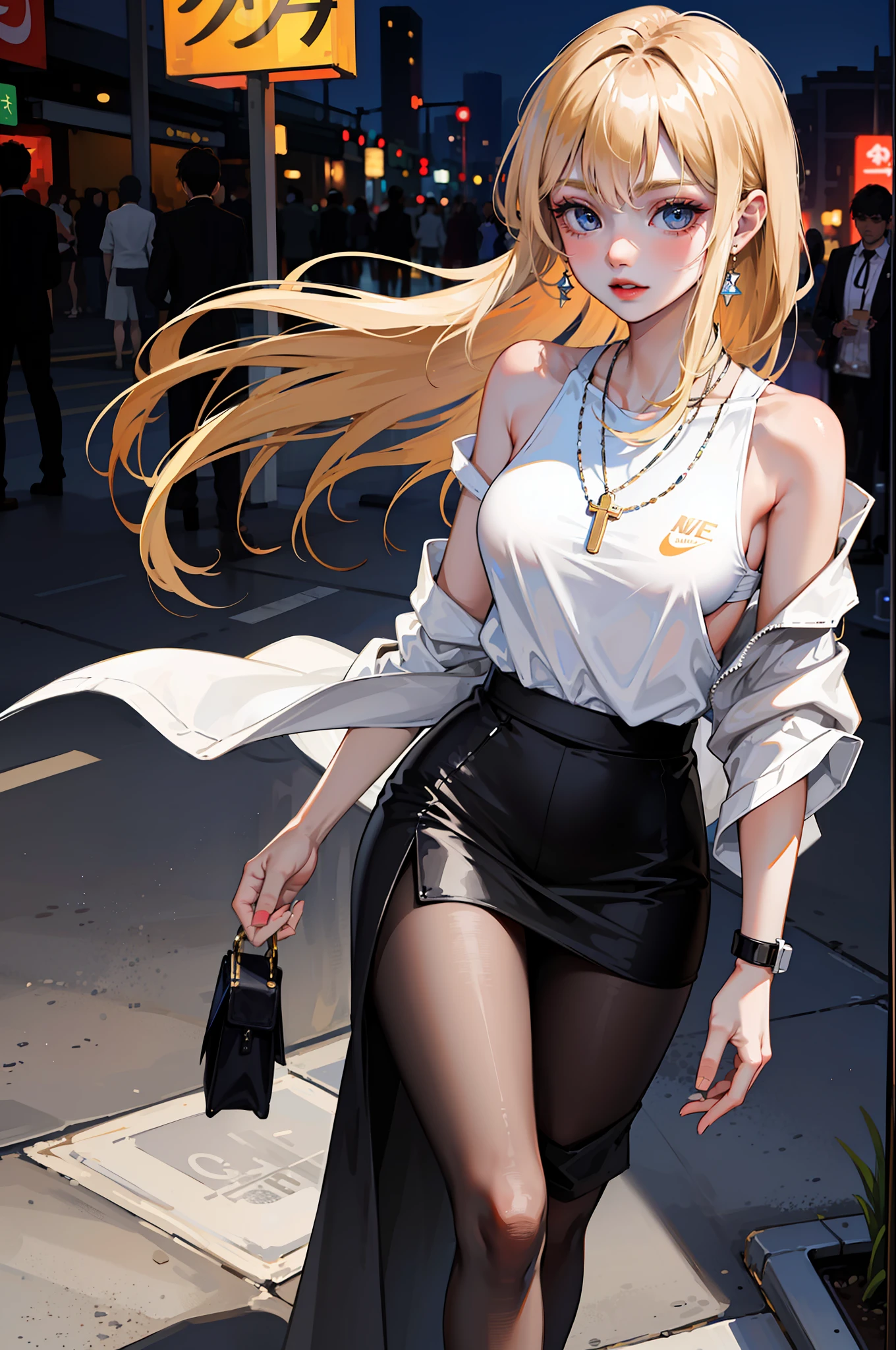 (Best Quality, 8k, Masterpiece), (A Beautiful Girl, Long Blonde Hair, Long Messy Hair, Big Eyes: 1.3, Long Eyelashes, Delicate Makeup: 1.4, Sexy Lips, Blush), (Exquisite Watch, Silver Reflective Heart-shaped Necklace, Bulgari Earrings, Bulgari Ring), Leopard print short coat, wearing sunglasses, (Walking on the streets of Japan, snapping, street photography), (Fashion outfit, wearing white T-shirt, Nike), (medium chest, stiff), (Black shiny transparent pantyhose), (high-waisted skirt), light ripe, royal sister, best light, best shadow, movie lighting, 28 years old, 1girl, super, (real skin, supple skin) ray tracing, Unreal Engine 5, reflective skin, digital illustration, game CG characters, supermodel, (Kpop, idol), (body edge lighting, colored light sources around), wind blowing hair, wearing headphones listening to songs, looking into the distance,