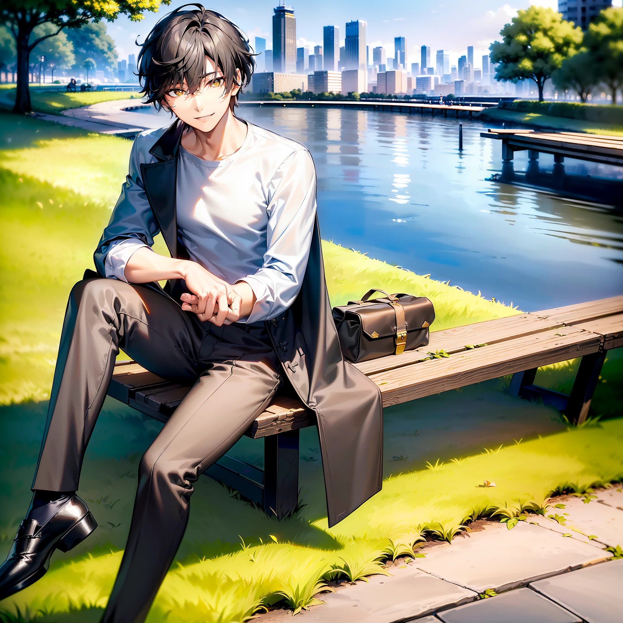 Dan Heng, Honkai Star Rail, (masterpiece, best quality, high quality, 4K), human, ((man)), (((solo))), mature, black short hair, slim, ((yellow pupils)), detailed eyes, front view, (clothing, (topwear: (dark-gray coat, (white t-shirt)), bottomwear:(pants: dark gray), sitting on bench with knees apart, coat fluttering, detailed clothing, coat collar, tall, smiling, (((city seaside))), trees, falling leaves, (detailed background)