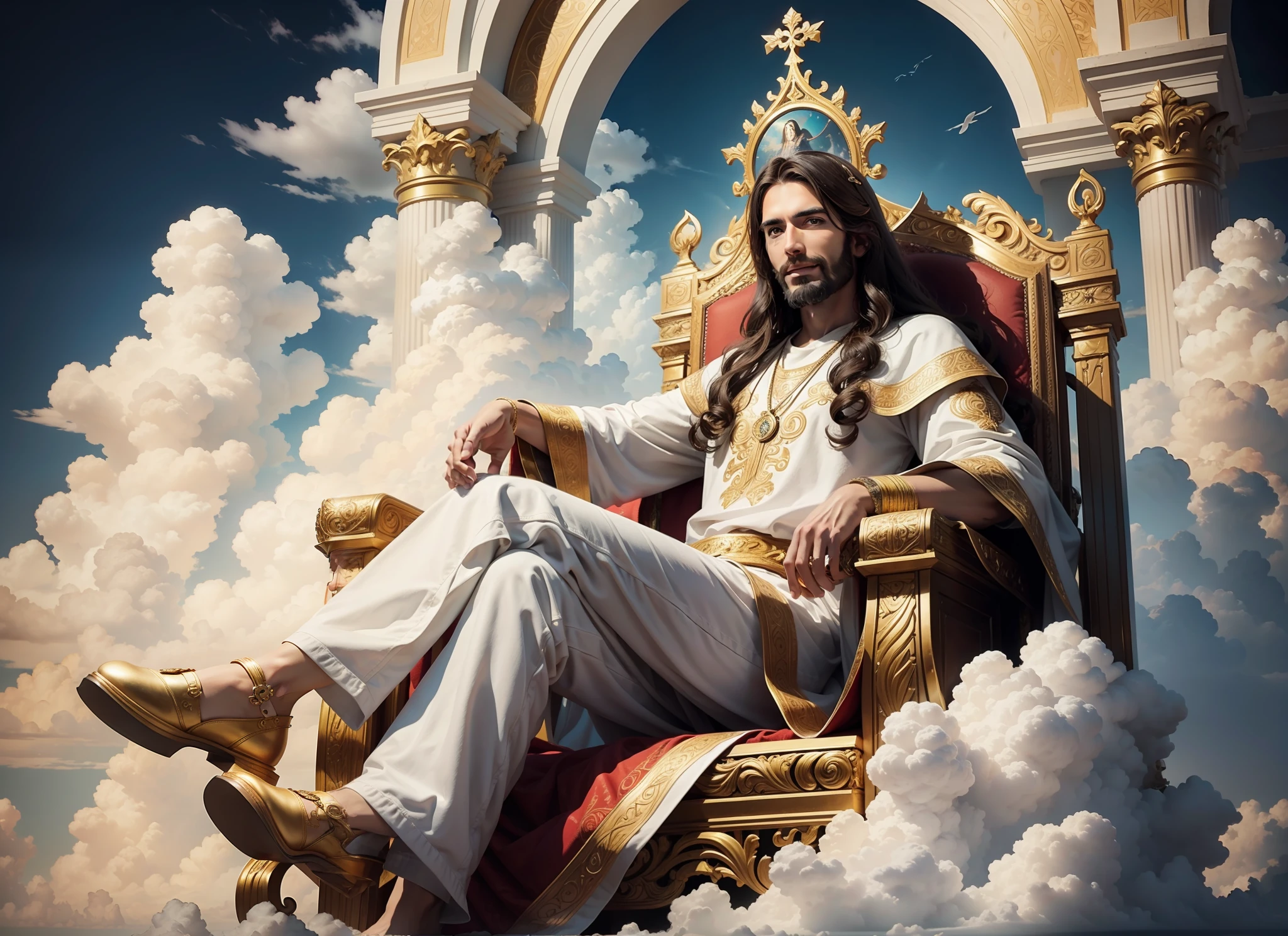 JOYFUL JESUS SEATED ON THE ORNATE THRONE, IN THE CLOUDS, FULL BODY