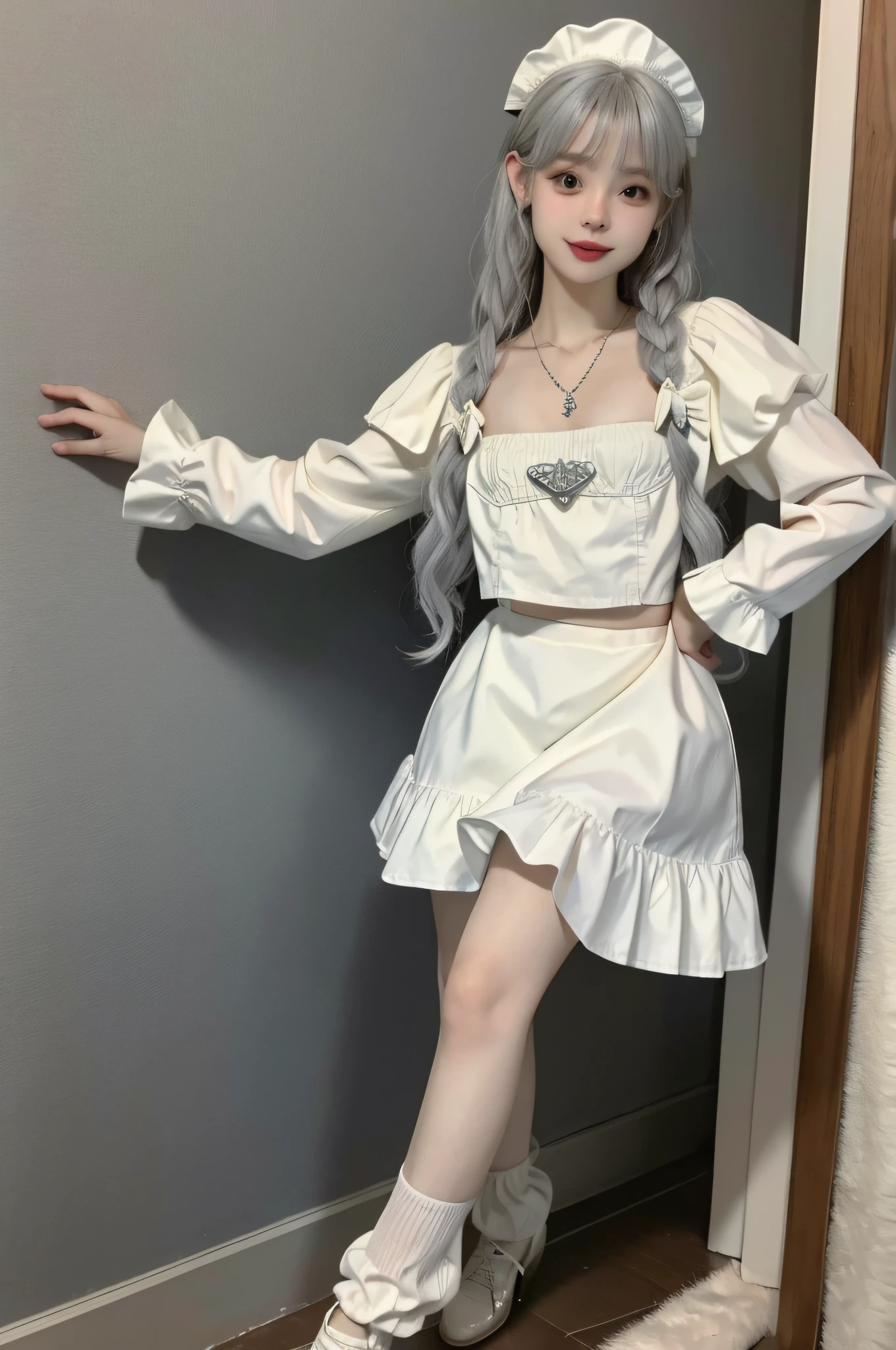 (Best quality, high resolution, masterpiece: 1.3), a tall and beautiful girl, a loli, slender legs, standing position, posing, small white shoes, slender abs, silver-white hair in loose wavy shape, full body, ultra-wide angle, wrist ornament, breasts, wearing pendants, , smile, charming, (white maid outfit), (modern architecture in the background), fair skin, beautifully presented details in face and skin texture, detailed eyes, double eyelids