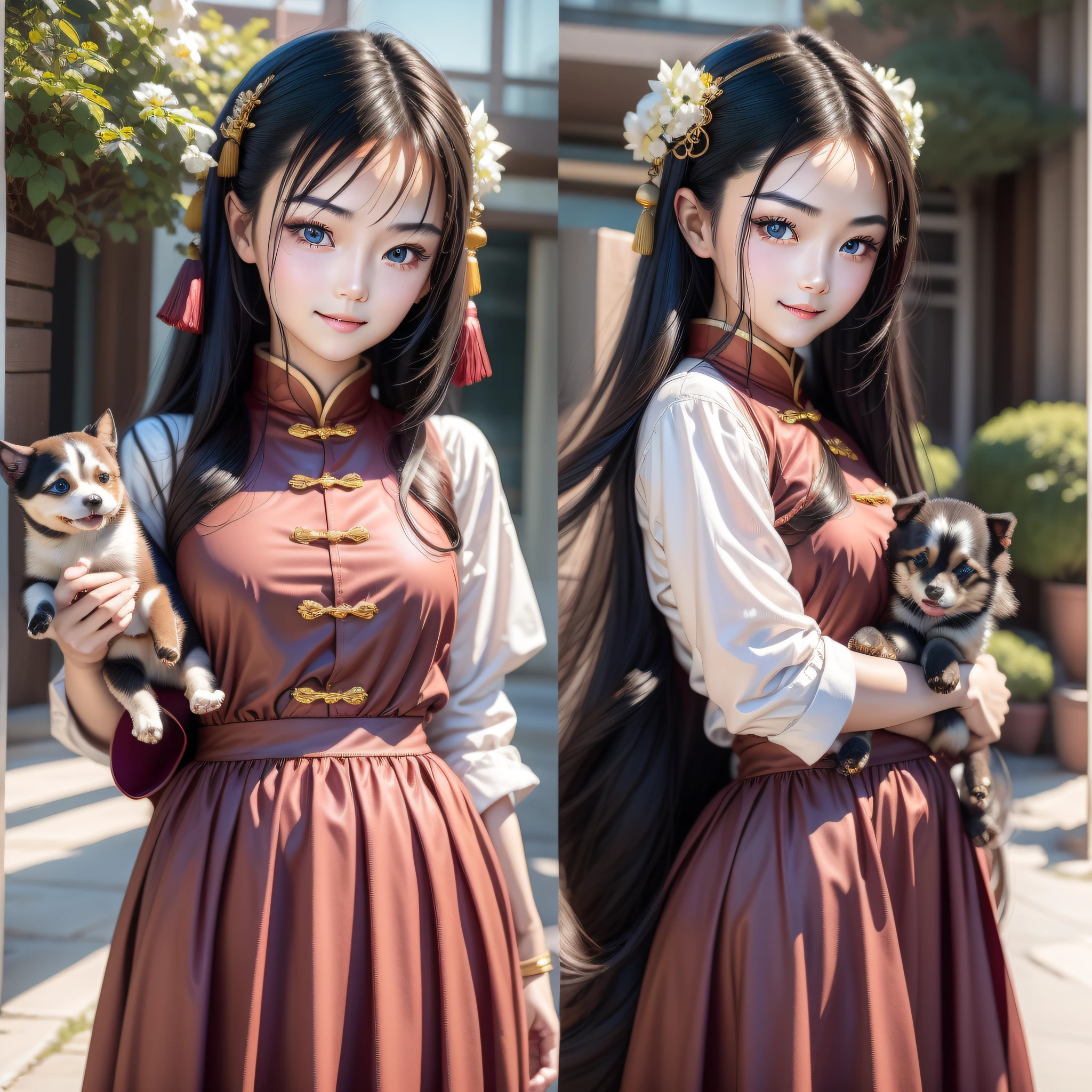 A Chinese girl, 18 years old, (holding puppy 1.3) (full body picture 1.2), beautiful eyes, real face, real skin, realistic face, realistic skin, detailed eyes, detailed facial features, detailed clothing features, (fashion hairstyle: 1.2) dynamic pose, simple background, smile, detailed face, double eyelids,