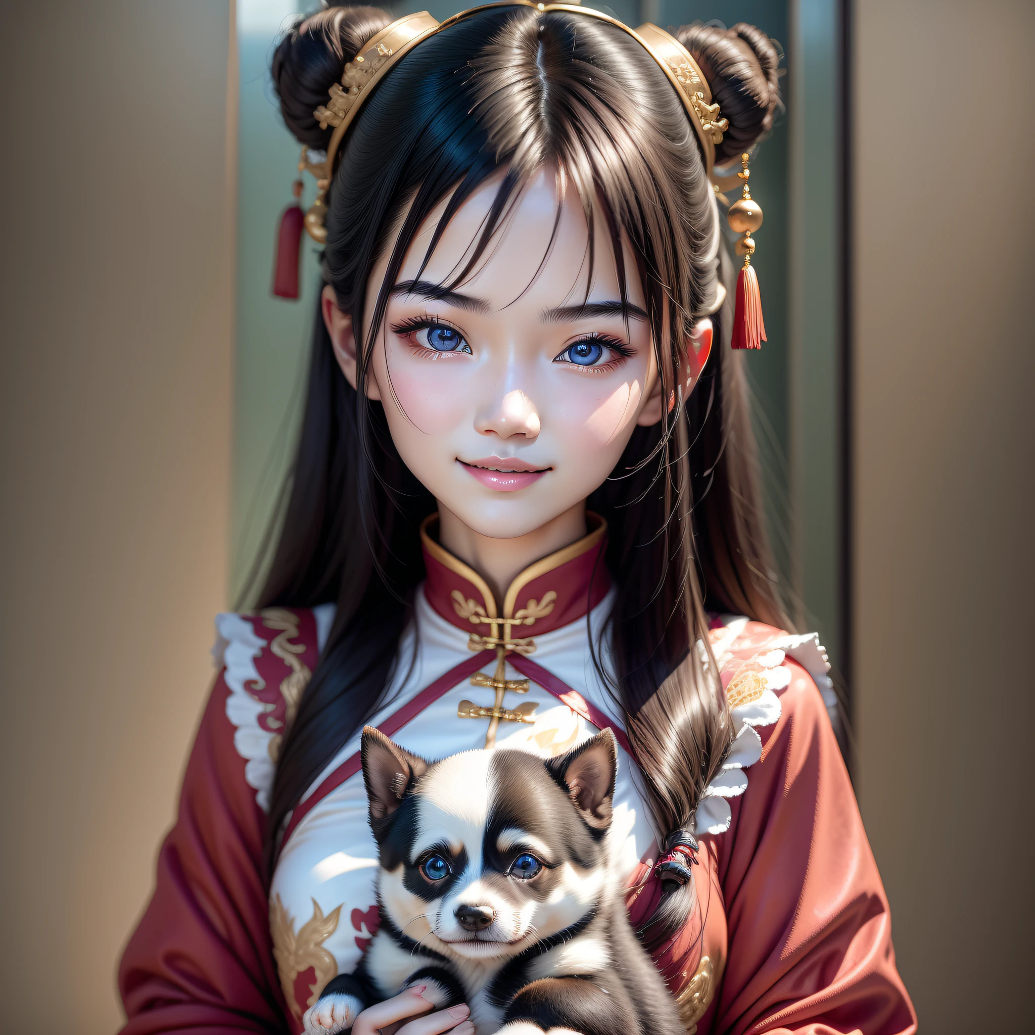 A Chinese girl, 18 years old, (holding puppy 1.3) (full body picture 1.2), beautiful eyes, real face, real skin, realistic face, realistic skin, detailed eyes, detailed facial features, detailed clothing features, (fashion hairstyle: 1.2) dynamic pose, simple background, smile, detailed face, double eyelids,