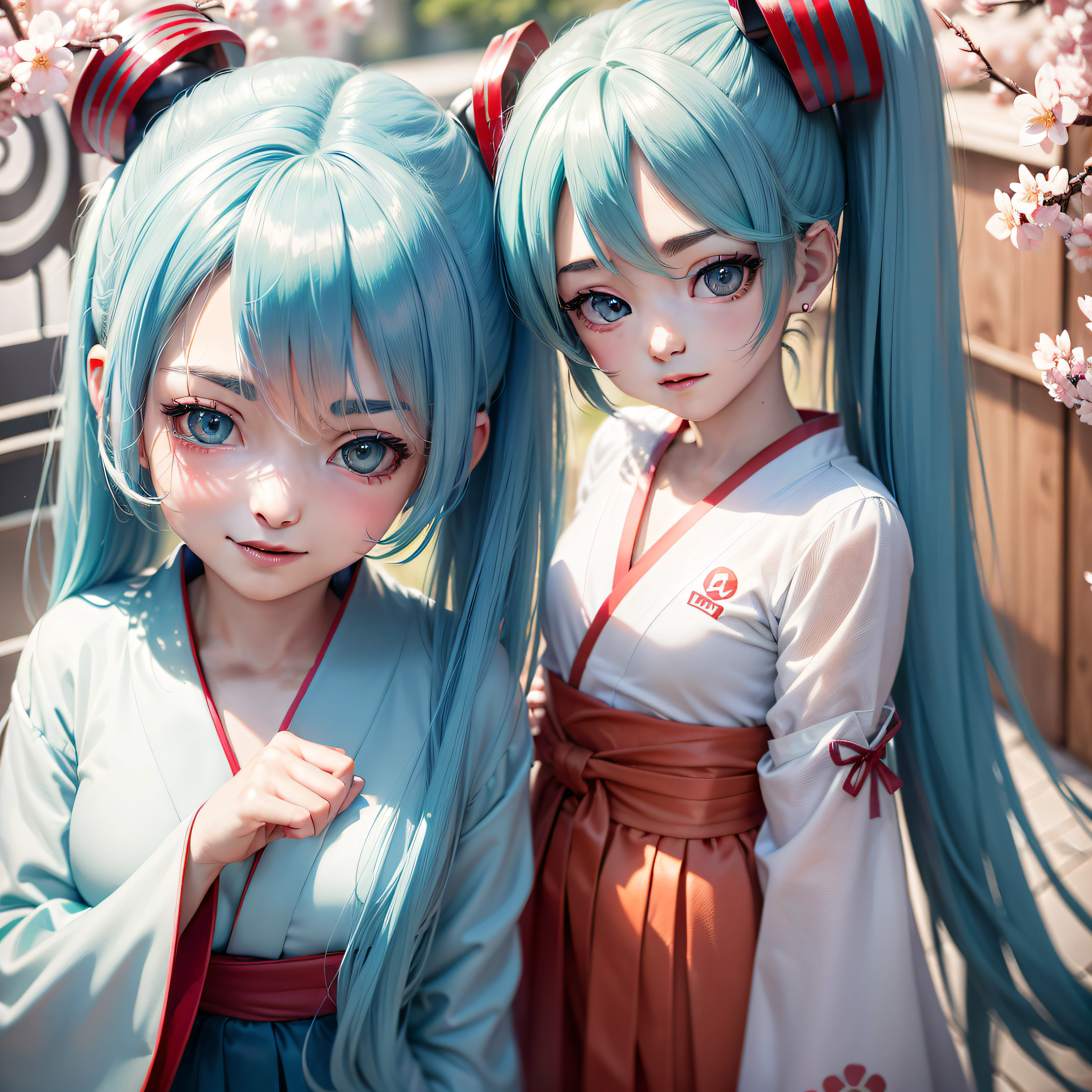 ((Hatsune Miku)), blue hair, (((blue eyebrows)), red ribbon twin tails, red hakama skirt, white long-sleeved kimono, one, idol pose, priestess, shrine, cherry blossom, illustration, 4k, 8k, smile, (8k, RAW photo, top quality, masterpiece: 1.5), (realistic: 1.3), (photorealistic: 1.3), ultra detailed, (high detail skin: 1.2), 8k UHD, DSLR, soft lighting, high quality, film grain,