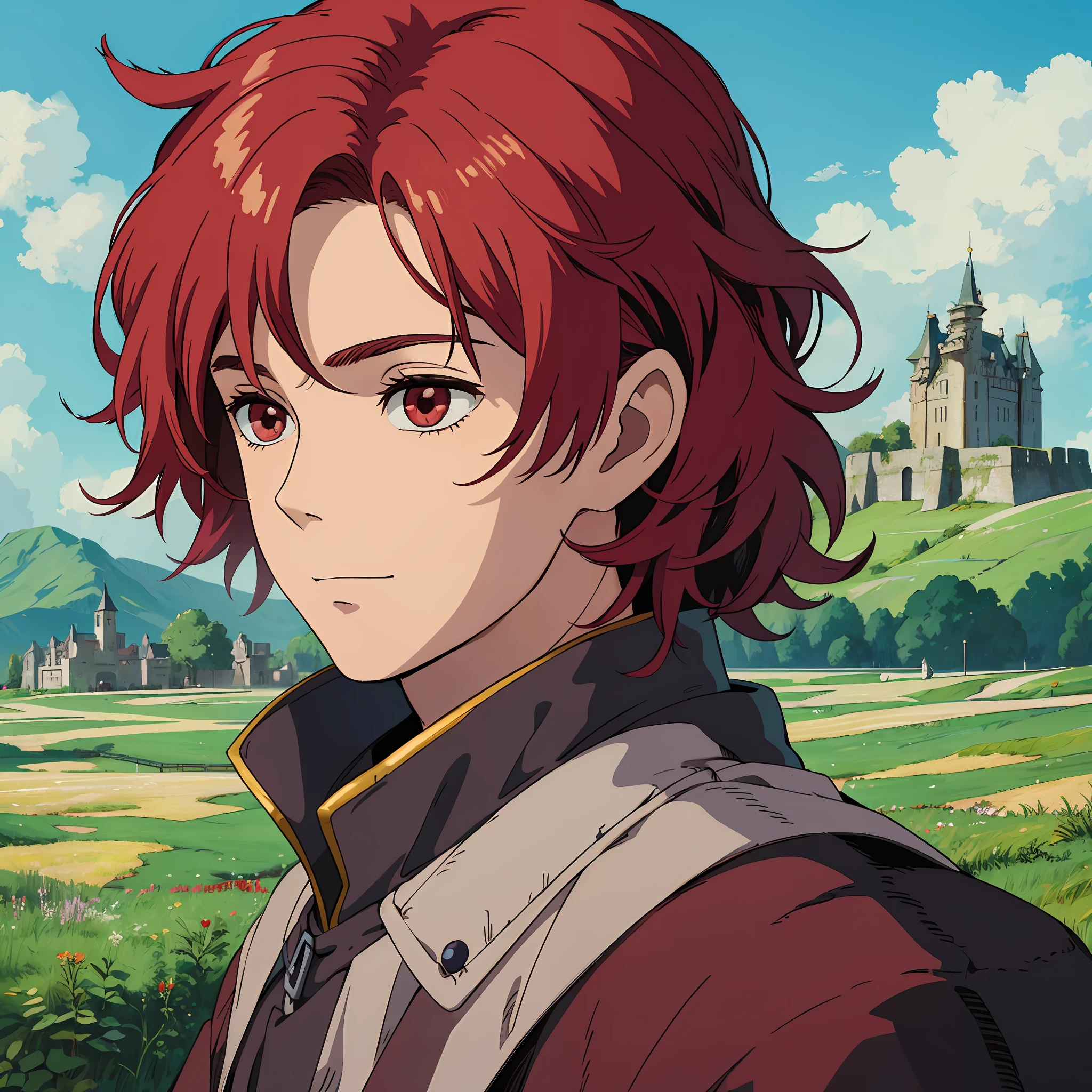 Boy, ager, red hair, red eyes, MEDIEVAL CLOTHING, STUDIO GHIBLI STYLE, PORTRAIT, PORTRAIT, MEADOW BACKGROUND WITH CASTLE IN THE BACKGROUND