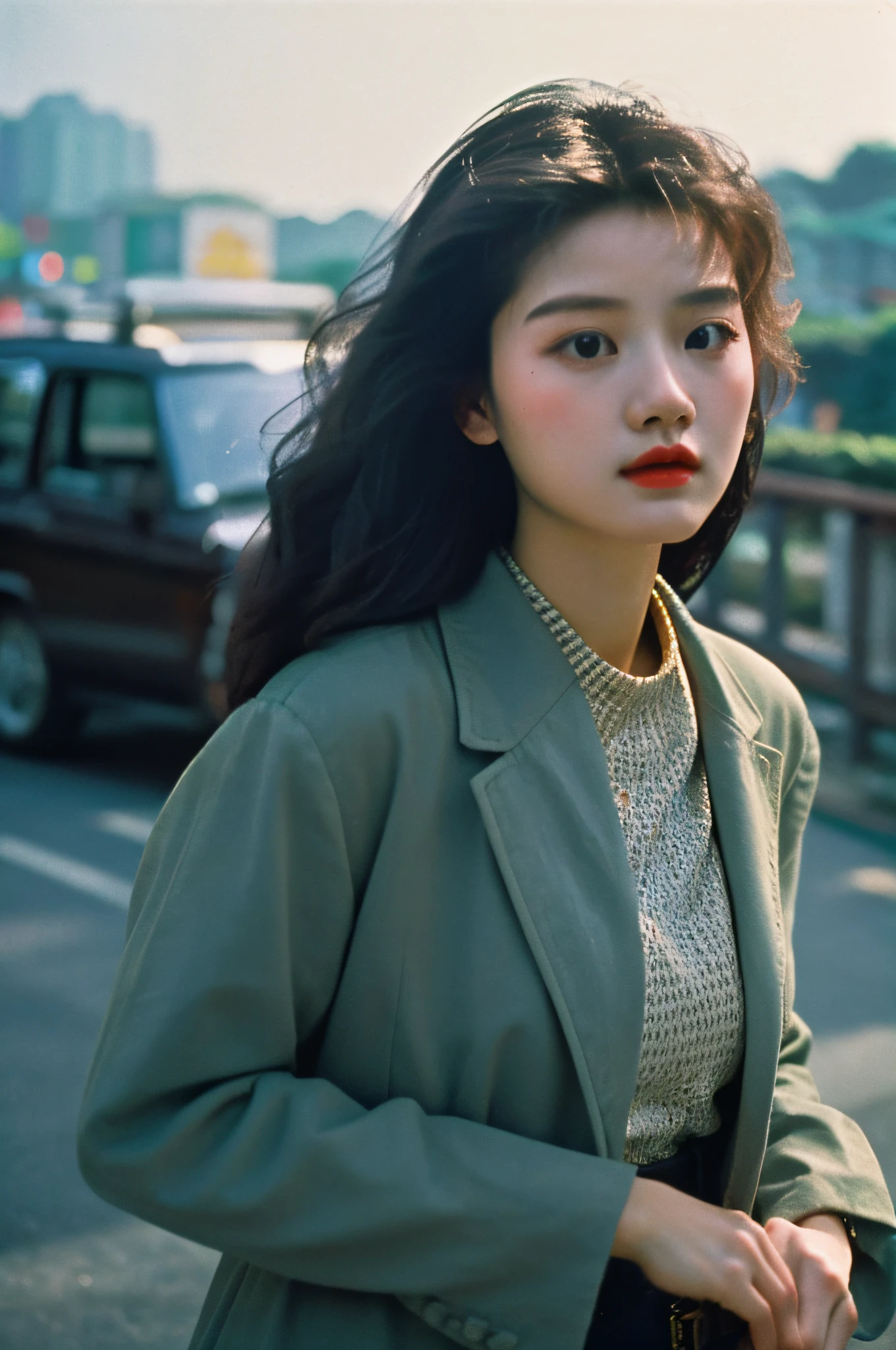 (best quality), (masterpiece), photography, realistic, (1girl), beautiful girl, perfect body, autumn, hair floating in the wind, hard lighting, film grain, heavy grain, film photography, low contrast, portrait, close up shot, wang kar wai style, 80s hair style, vintage