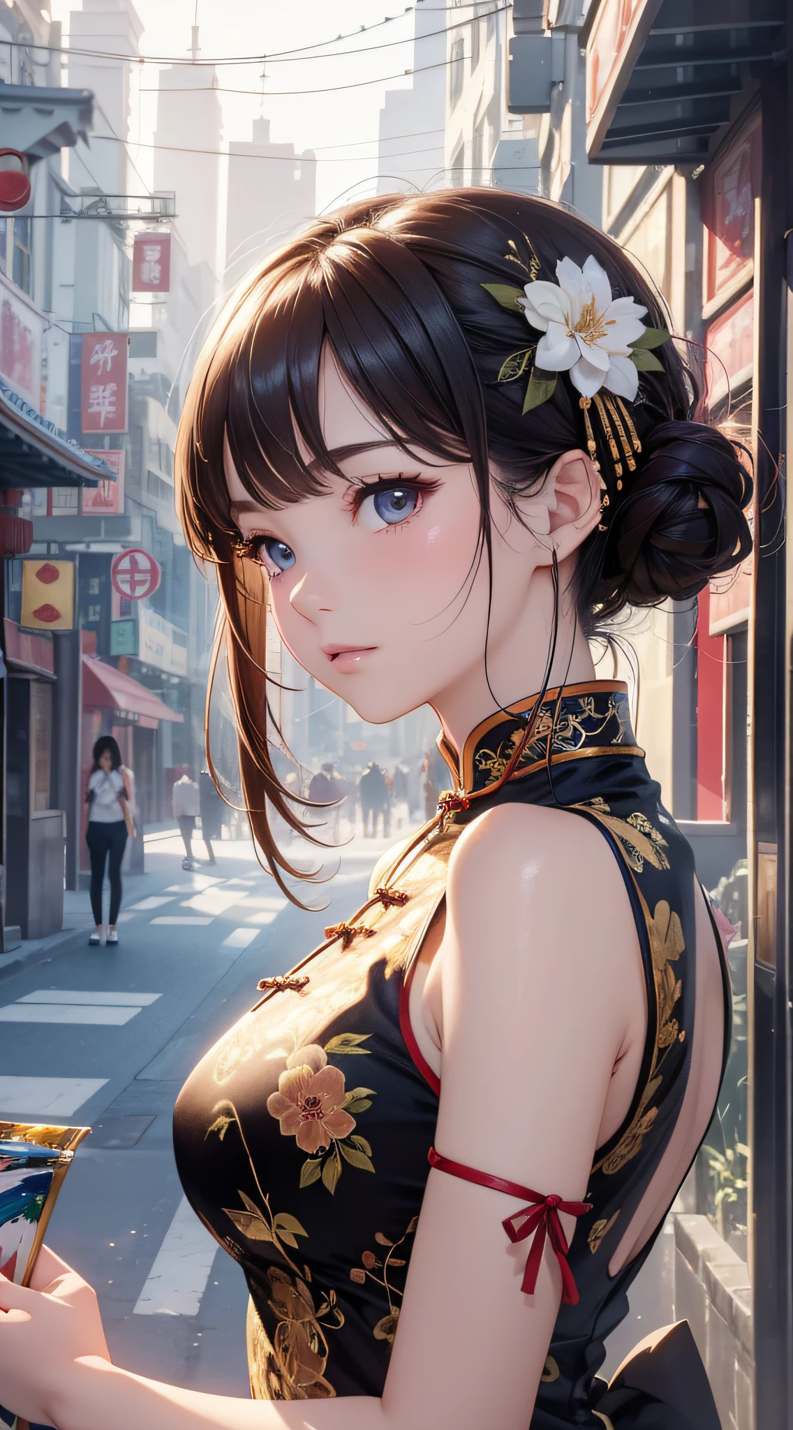 (close-up of painting style, ultra-high-definition 8K, masterpiece-level CG wallpaper), movie-level lighting, cute girl, delicate and beautiful face, dreamy eyes, gorgeous cheongsam, standing on the bustling Chinese city streets, delicate posture, fashion illustrations.