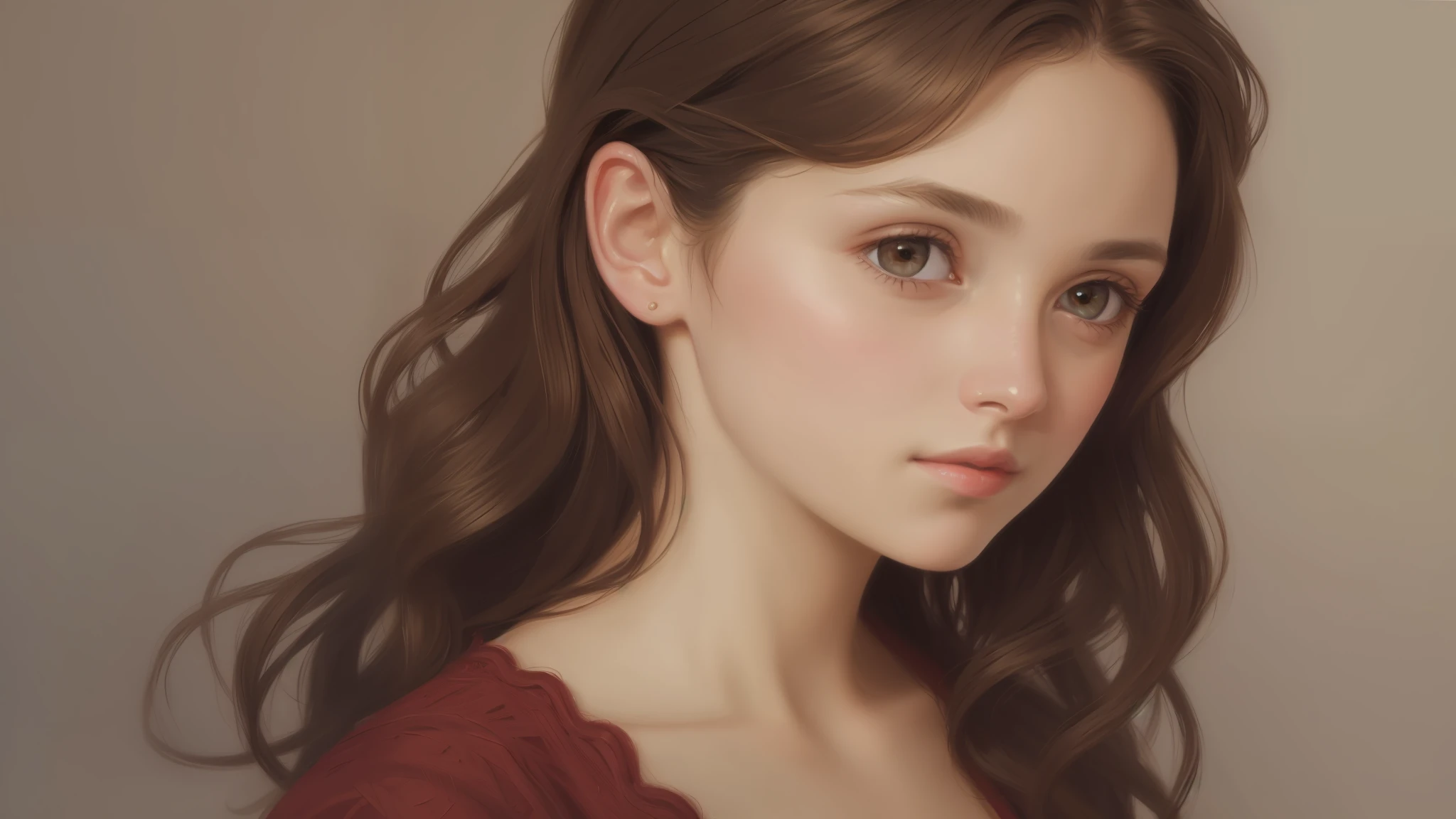 1girl, beautiful teenage girl, very small ???????, short wavy brown hair, portrait, oil painting, modern, realistic proportions, intricate, intricate details, sharp focus