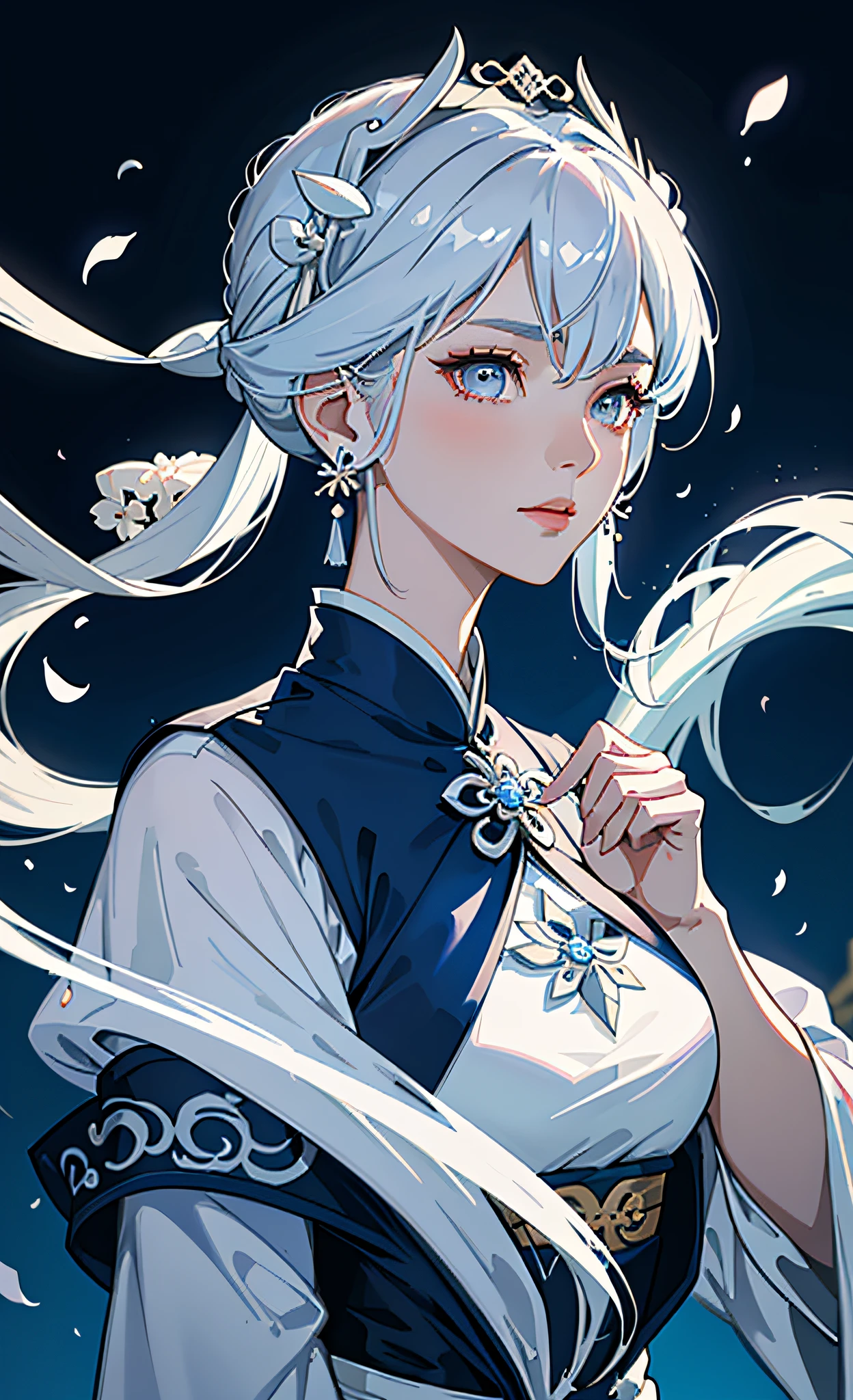 Mature girl, blue and white hair color, inner pick dye, floating hair, delicate and flexible eyes, intricate damask hanfu, gorgeous accessories, wearing pearl earrings, FOV, f/1.8, masterpiece, complex scene, petals flying, front portrait shot, Chang'e, side lighting, oversized breasts, sexy