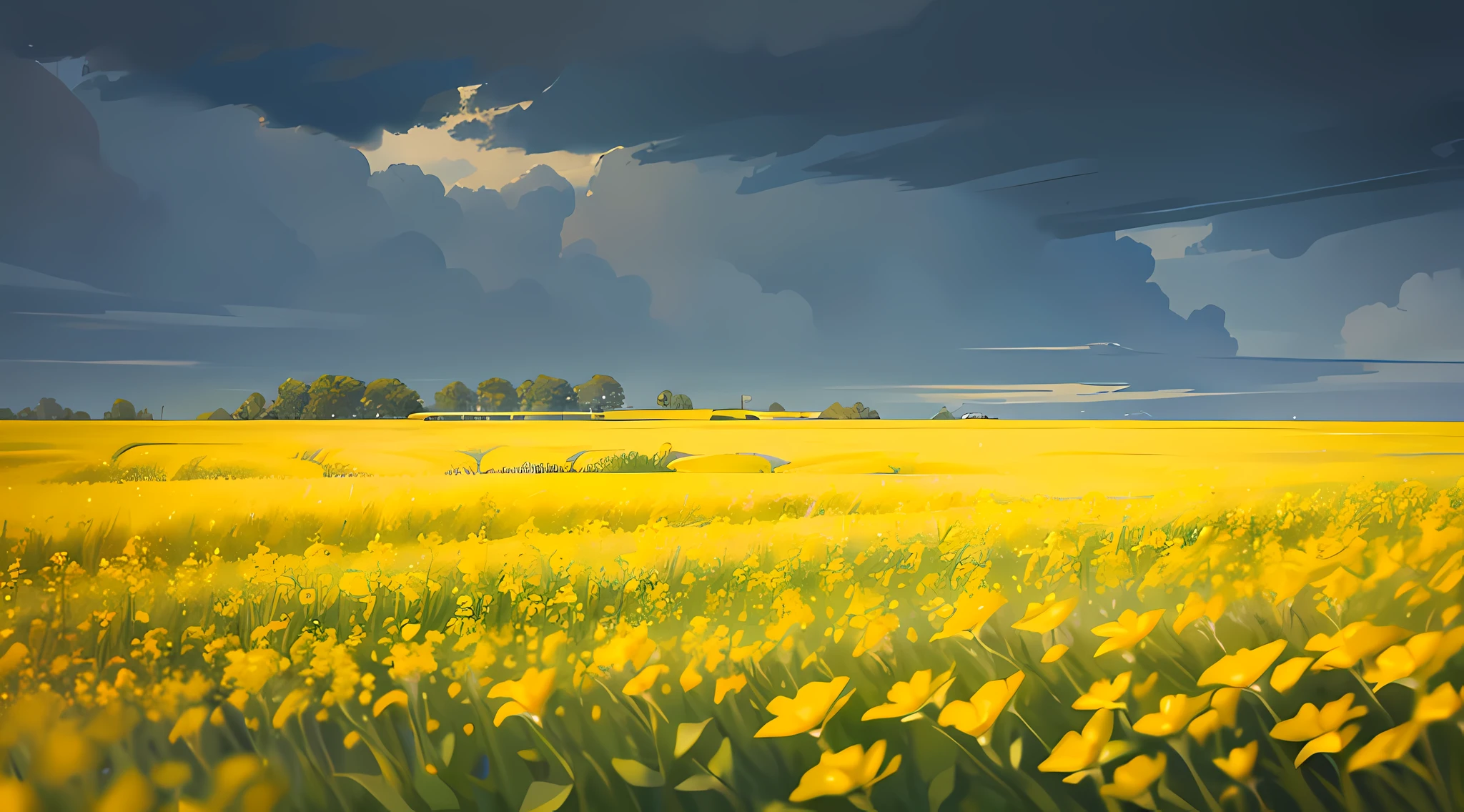A slice of canola flowers, Next to a river, Minimalism, Genre painting, blending, cinematic lighting, social media composition, projected inset, high details, highres --auto --s2