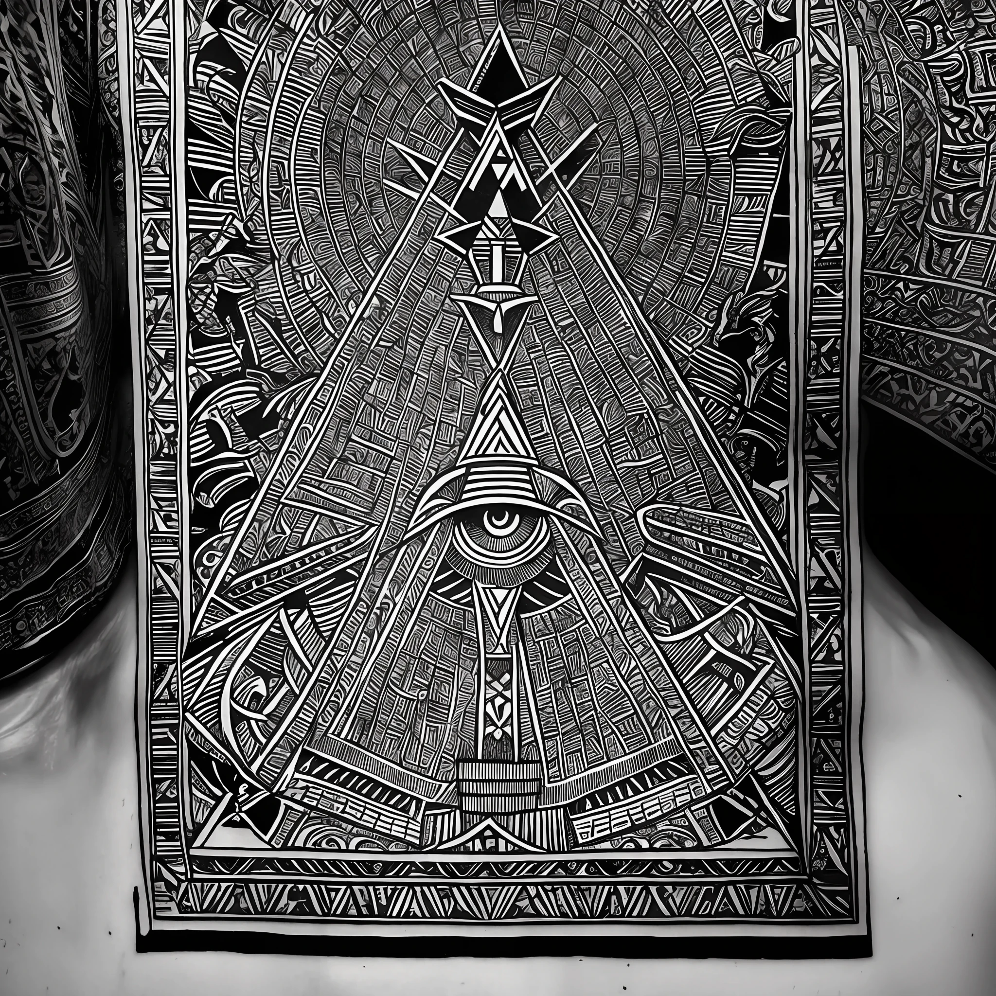Egyptian god with an ankh cross necklace, in front of a pyramid that has the all-seeing eye at the tip of the pyramid, in the form of a black and white tattoo.