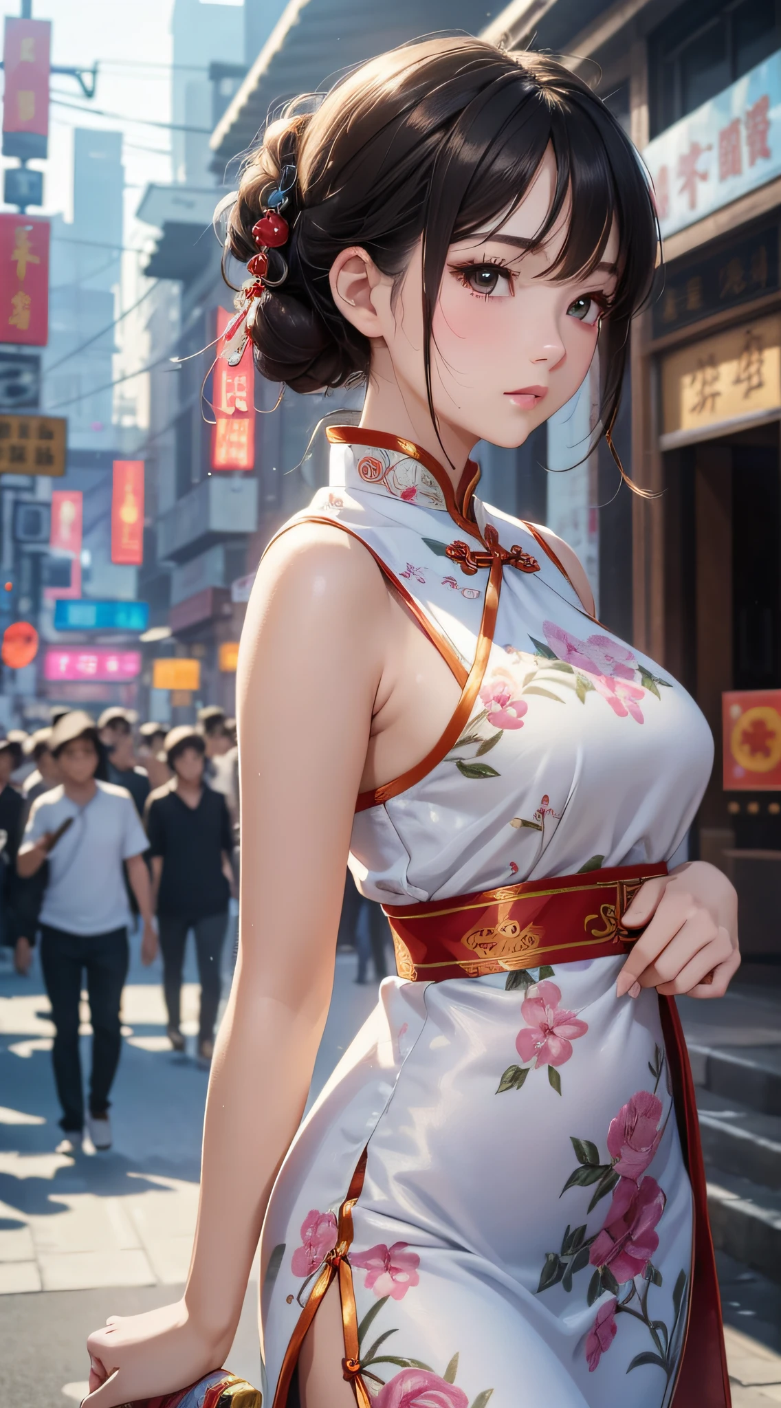 (close-up of painting style, ultra-high-definition 8K, masterpiece-level CG wallpaper), movie-level lighting, cute girl, delicate and beautiful face, dreamy eyes, gorgeous cheongsam, standing on the bustling Chinese city streets, delicate posture, fashion illustrations.