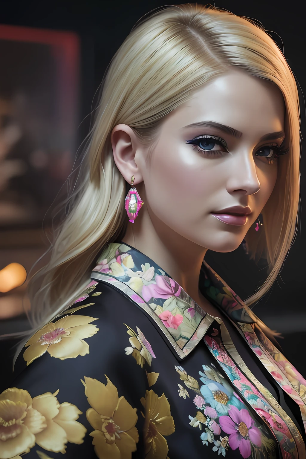 ((Selfie:1.1)), (raw:1.1) photo of (blonde Maj1j3j01-1200:0.99), a woman as a model, modelshoot style, (extremely detailed CG 8k wallpaper unit), photo of the world's most beautiful artwork, majestic professional oil painting by Ed Blinkey, Atey Ghailan, Studio Ghibli, by Jeremy Mann, Greg Manchess, Antonio Moro, trend at ArtStation, trend at CGSociety,  Intricate, High detail, sharp focus, dramatic and photorealistic painting art by Midjourney and Greg Rutkowski, (at night:1.2), (dimly lit), (neon lights:1.2), (carnival:1.1), (makeup:1.1), ((sports car in the background)), ((flowery blouse:1.2)), (looking at the viewer:1.3), (detailed students:1.3), (modern clothing:1.2), (club makeup:1.2), (close up:1.3), (earrings).