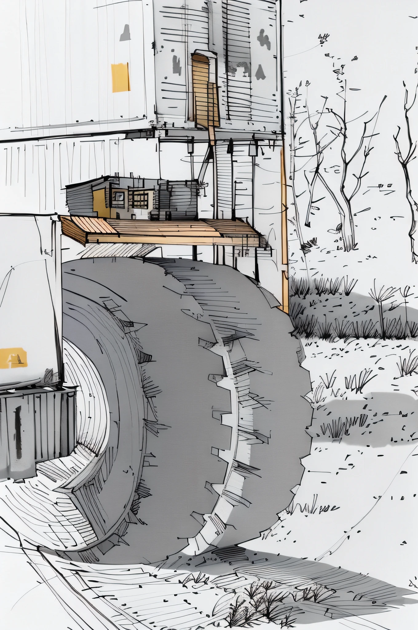 linear, gray, white background, simple background, sketch, sketch, pen_sketch_style, there is a large bulldozer that is parked in front of the truck, lifting the container, loading, heavy machinery, large shovel, mining scrap metal, gravel, hard work, massive construction machines