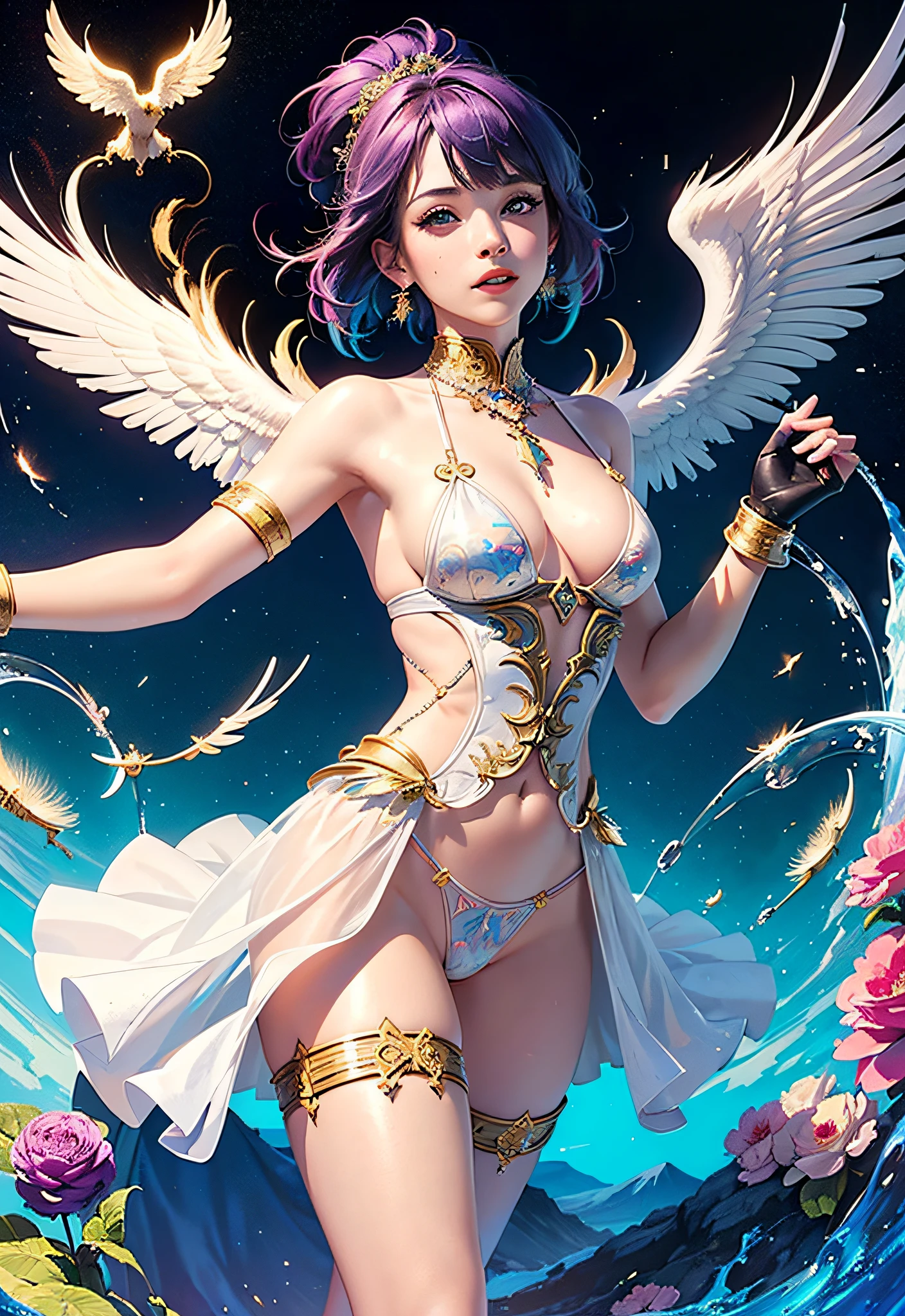 (Masterpiece, Top Quality, Best Quality, Official Art, Beautiful and Aesthetic: 1.2), (1 Girl: 1.3), Very Detailed, (Fractal Art: 1.2), Colorful, Best Detailed, (Zentangle: 1.2), (Dynamic Pose), (Abstract Background: 1.5), (Tedional Dress: 1.2), (Shiny Skin), (Many Colors: 1.4), Upper Body (Colorful Hair), (( Angel Wings)), ((String Micro Bikini Armor)), (Chiffon Translucent Colorful Underwear: 1.4)), Short Hair, (Dreadlocks (Mega Hair)), Pixie Cut, Gauntlet, Gloves, Shoulder Armor, Black Gloves, ((Wings of Angels))