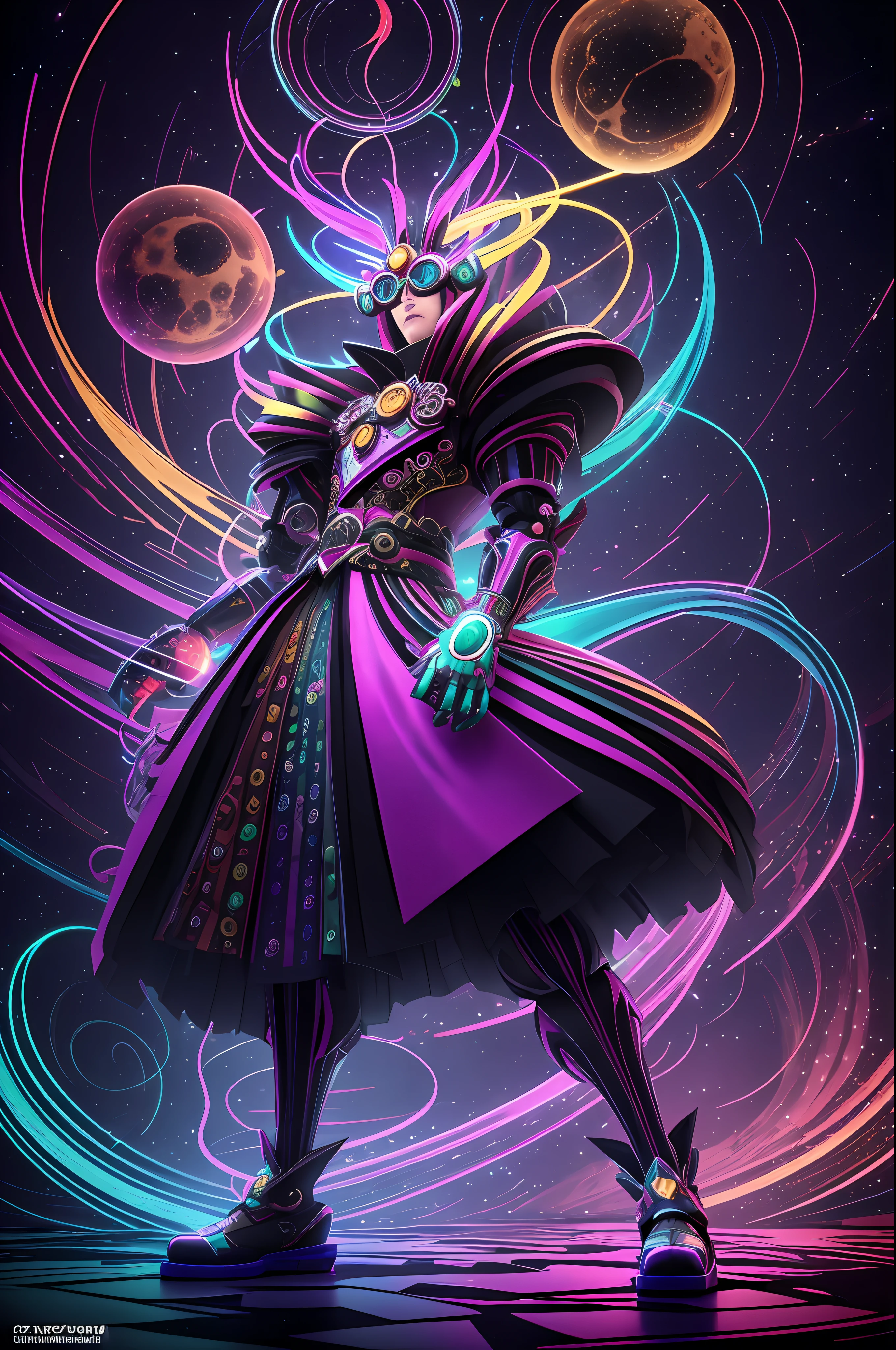 Carnivalesque, breathtaking freaky weirdpunk character fantasia of the imagination, 3D Cartoon Cool Robot, MLBB Style, standing in the middle of a swirling vortex of a surrounding Spiral Galaxy and golden stars and multicolor Orbs, Crazy Caricature, Royality, holding a bioluminscent Multicolor orb between his Fingers, wearing Sunglasses, dancing, metallic Texture, Neon Light, Unreal Engine 5, light dark Neon Background, hyperrealistic, hyperdetailed, Multicolor powder splash Background, Lumitronic effect, magical lights, very cute , by Tim Burton, --auto --s2