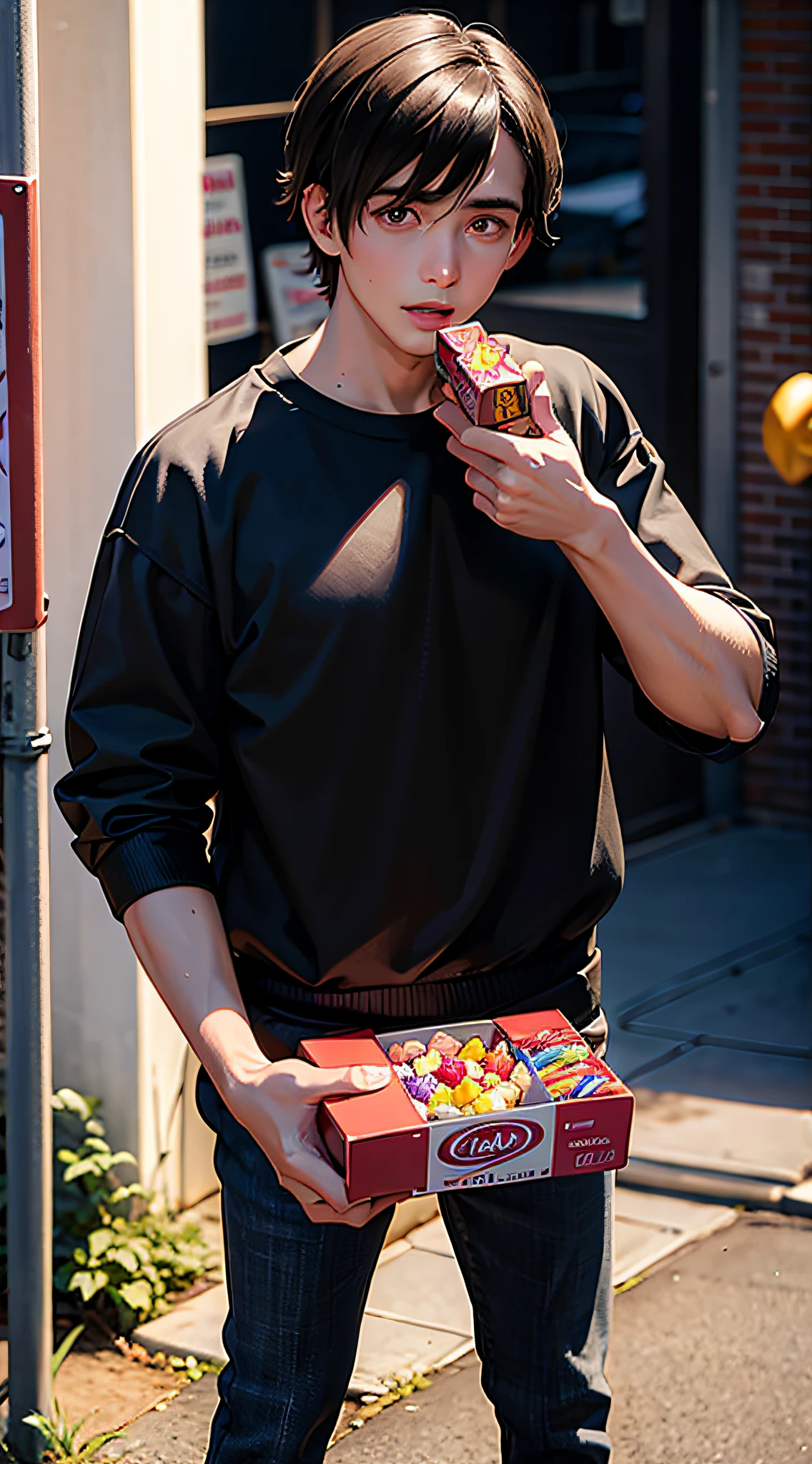 A close-up of a 24-year-old boy holding a box of candies