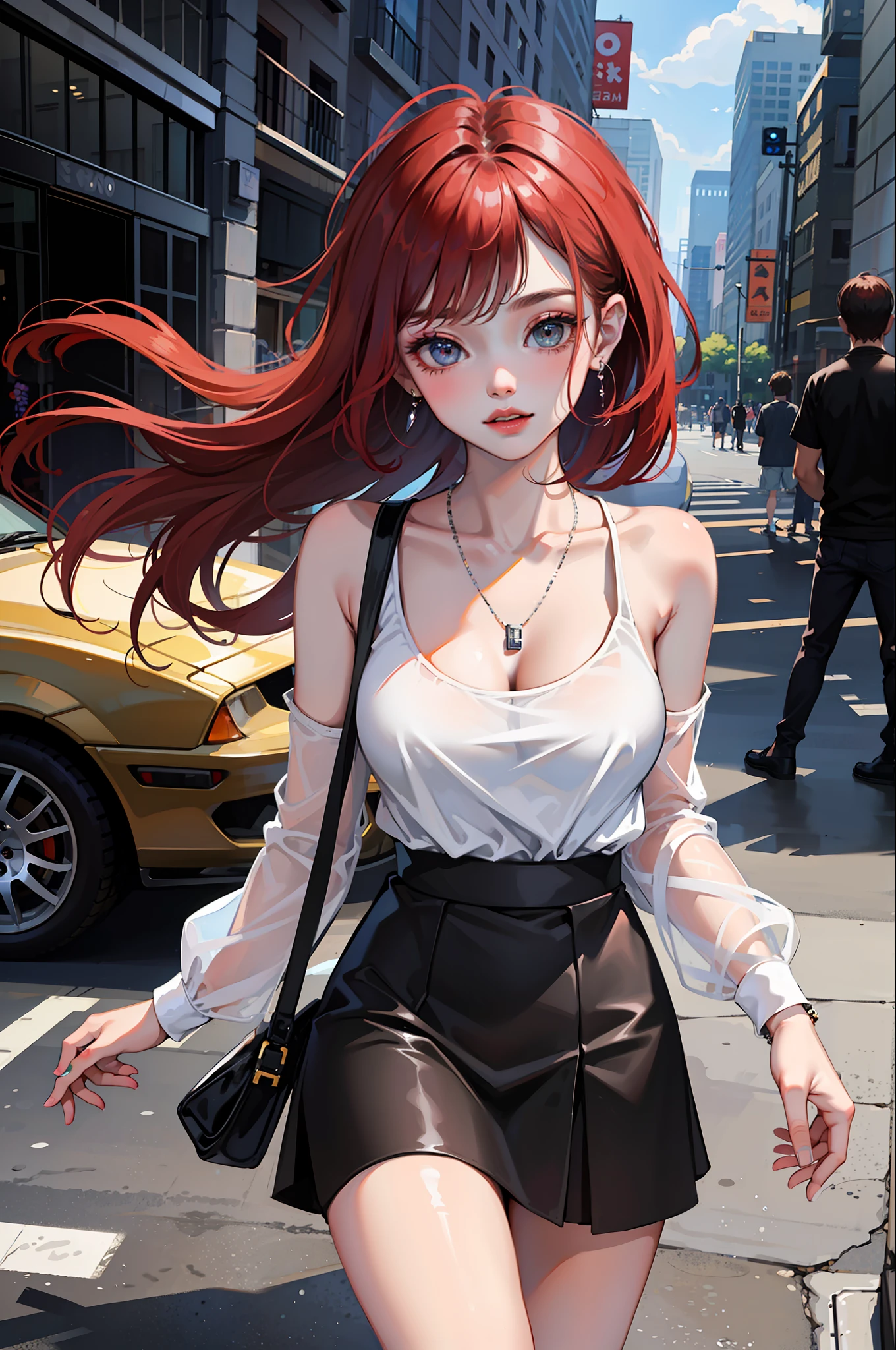 (Best Quality, 8k, Masterpiece), (A Pretty Girl, Short Red Hair, Messy Hair, Big Eyes: 1.4, Long Eyelashes, Delicate Makeup: 1.4, Sexy Lips, Blush), (Delicate Watch, Silver Reflective Heart-shaped Necklace, Bulgari's Earrings, Bulgari's Rings), (Starbucks sitting on the side of the city road drinking coffee, being photographed, street photography, cloudy and rainy), (Fashionable outfit, leopard print shorts on the outside, white T-shirt on the inside, Nike), (Mid-chest, stiff), ( Black Oily Clear Pantyhose), (High-waisted Skirt), Light Ripe, Royal Sister, Best Light, Best Shadow, Movie Lighting, 28 Years Old, 1Girl, Acura, (Real Skin, Supple Skin) Ray Tracing, Unreal Engine 5, Reflective Skin, Digital Illustration, Game CG Characters, Supermodel, (Kpop, idol), (Body Edge Light, Colored Light Sources Around), Wind Blowing Hair, Listening to Songs with Headphones, Happy Expression, Blushing, Sunglasses Hanging on Chest