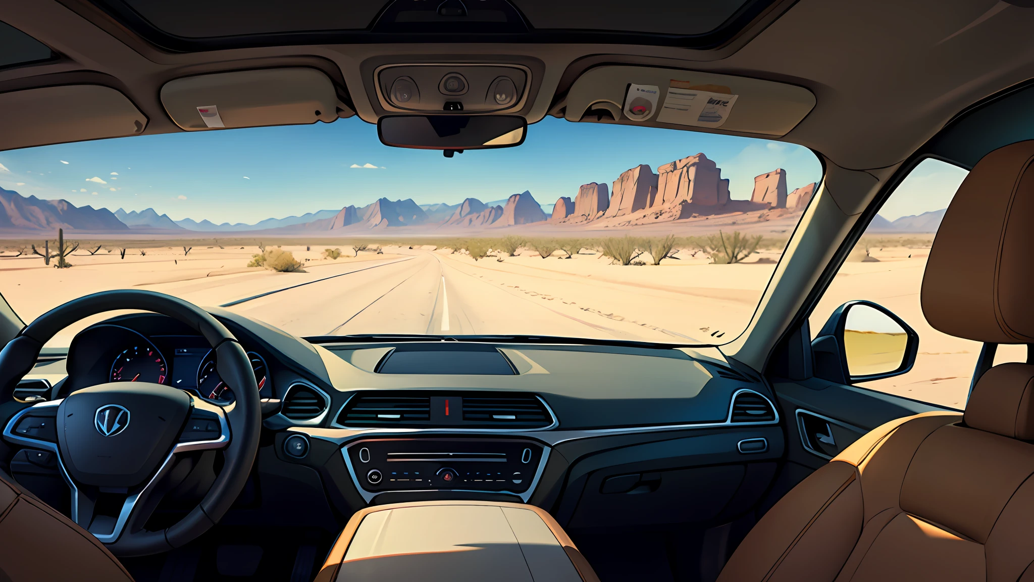 View from inside of the car, view from front window of the car, view of the desert from driver perspective