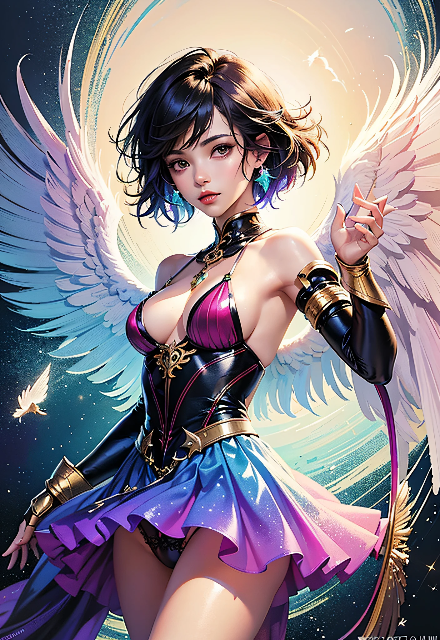(Masterpiece, Top Quality, Best Quality, Official Art, Beautiful and Aesthetic: 1.2), (1 Girl: 1.3), Very Detailed, (Fractal Art: 1.2), Colorful, Best Detailed, (Zentangle: 1.2), (Dynamic Pose), (Abstract Background: 1.5), (Tedional Dress: 1.2), (Shiny Skin), (Many Colors: 1.4), Upper Body (Colorful Hair), (( Angel Wings)), ((String Micro Bikini Armor)), (Chiffon Translucent Colorful Underwear: 1.4)), Short Hair, (Dreadlocks (Mega Hair)), Pixie Cut, Gauntlet, Gloves, Shoulder Armor, Black Gloves, ((Wings of Angels))