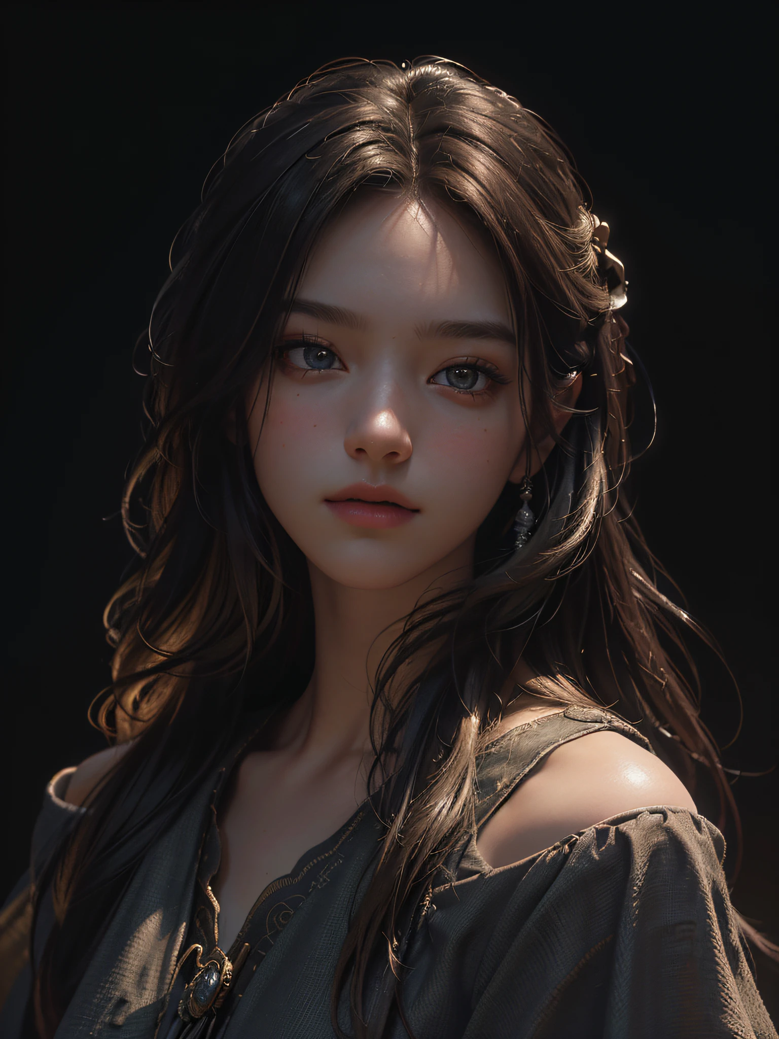 (pre-focused), (dark: 1.6), highest quality, masterpiece, ultra high resolution, (photorealism: 1.4), raw photo, one girl, off-shoulder, (((face close-up)), deep shadows, low key, cowboy shot, in dim light, (formal attire: 1.4), long-haired, blonde, hyper-realist female portrait, fantasy art, photorealistic, dynamic lighting, art station, poster, volume lighting, highly detailed face, 4K, award-winning,
