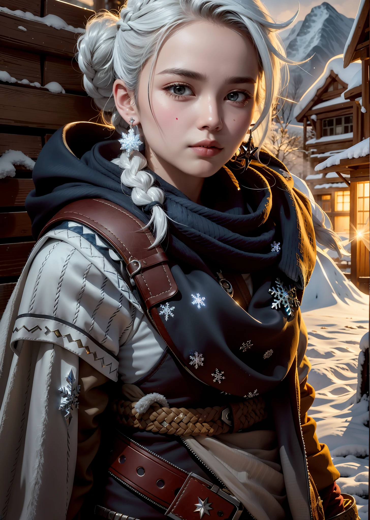 person with a sword and a scarf all detailed with snowflakes, long hair braided to the waist, hair over the shoulder, long hair, braided hair (viking style), closeup of character art, closed mouth, angry lips, mother of witches, serious face, serious expression, very white skin, bright white hair, huge hair, loose hair,  viking style hair, portrait of a hunter, female rogue portrait, stunning character art, explorer, epic exquisite character art, ciri, painted character portrait, cyberpunk shading, white lips, black paint scratch in the middle of the lower lip, very light skin almost white, cold clothes, in the background an ice village, snowstorm in the background,  village in the background, frozen fauna and flora, white iris, piercing eyes, extremely detailed eyes, extremely detailed teeth, small earrings shiny silver snowflake, cute earrings, small earring, snowflake drawing earrings, piercing on the top of the ear, piercings ring, scratch of face painting on the lower lip, ears of human being,half-closed eye, turn pale,  heavy breathing, endured face, determined, hair ornament, messy hair, lens flare, overexposure, cinematic lighting, sparkle, ray tracing, reflection light, backlighting, film grain, UHD, super detail, best quality, textured skin, masterpiece, light battle marks, dirty dust clothing, dirty snow laundry, worn clothing, dirty laundry with few drips of blood, film granulation, brave look to the right