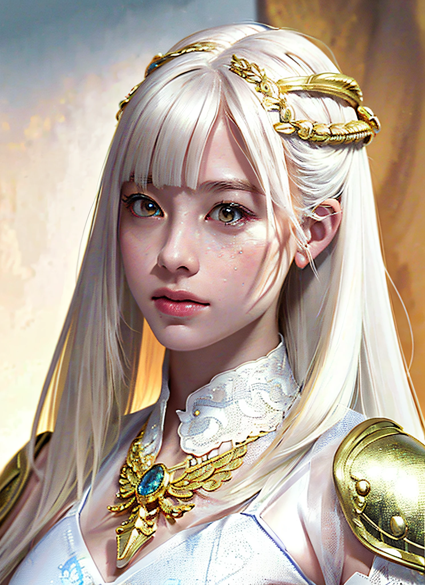 (Realistic, Portrait), Complex Details, Big, (Micro Bikini) Sexy Swimsuit, (Ultra Real), (Illustration), (High Resolution), (8K), (Very Detailed), (Best Illustration), (Beautiful Detailed Eyes), (Best Quality), (Ultra Detailed), Intricate Detail Gemstones (Detailed Women's Armor: 1.3), (Gorgeous Gold Armor: 1.3), 1 Girl, Solo, Long Hair, Wind, Gorgeous face, top quality, masterpiece, maximum detail, diffused lighting, (pale hair: 2.3), Valhalla Valkyrie, mechanical arm, beauty, facial muscles