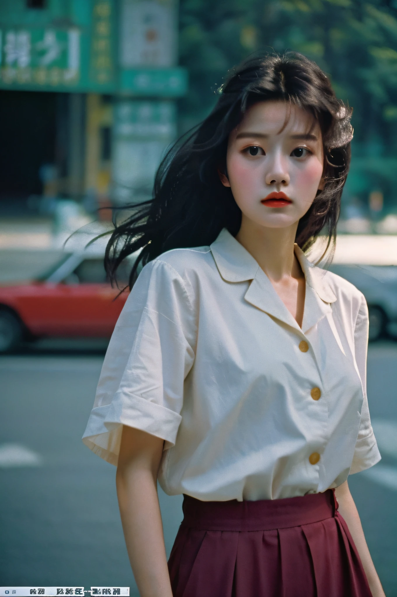 (best quality), (masterpiece), photography, realistic, (1girl), beautiful girl, perfect body, autumn, hair floating in the wind, hard lighting, film grain, heavy grain, film photography, low contrast, portrait, close up shot, wang kar wai style, 80s hair style