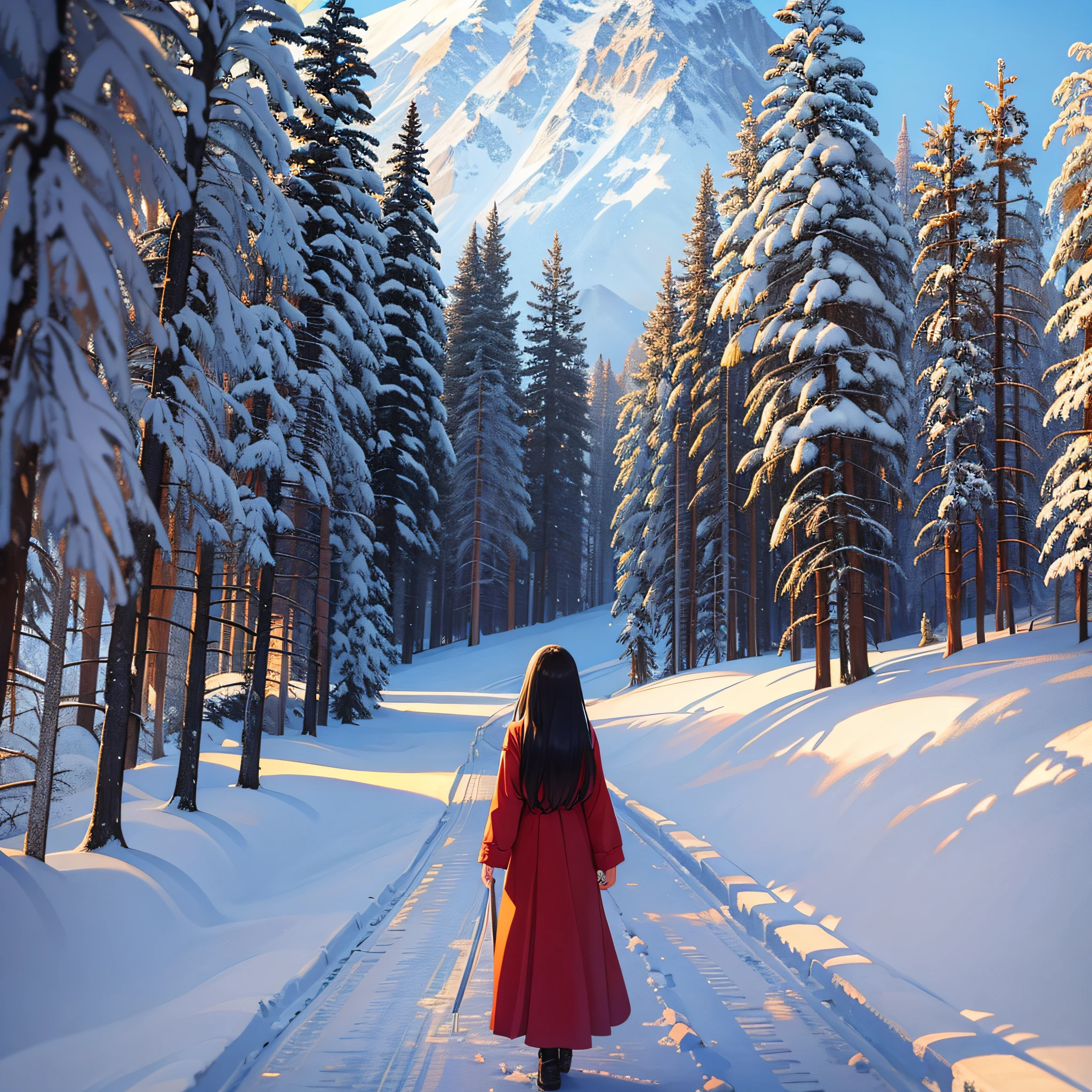 There is snow in the snowy mountains, there are mountains, and in the distance there are women in red dresses