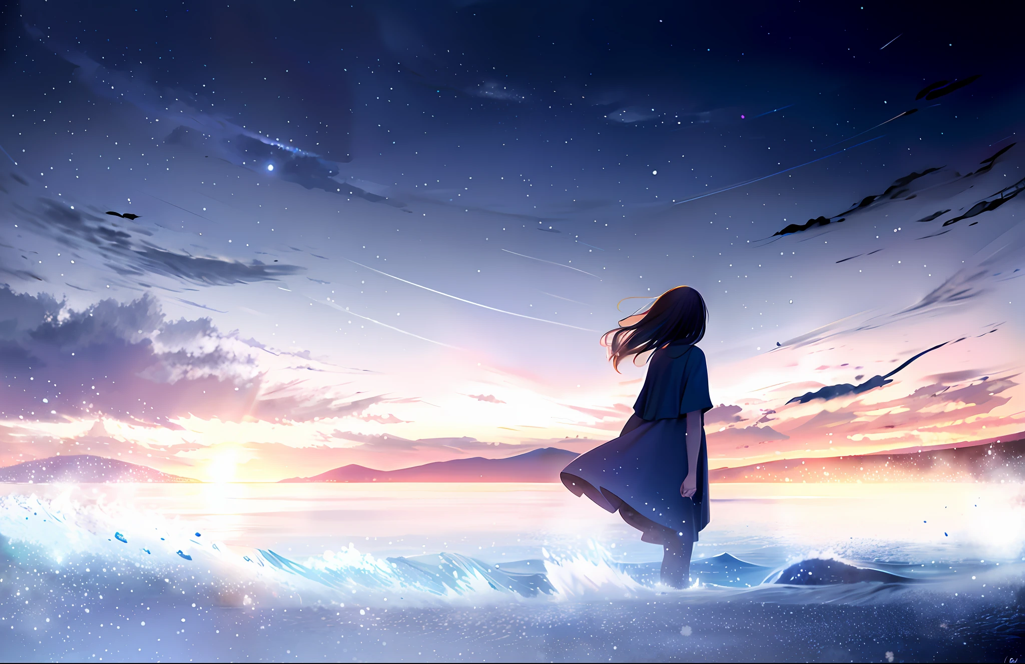 Wallpaper, masterpiece, highest quality, 1 girl, standing by the water, dark sky, deep blue and orange sky, gorgeous light