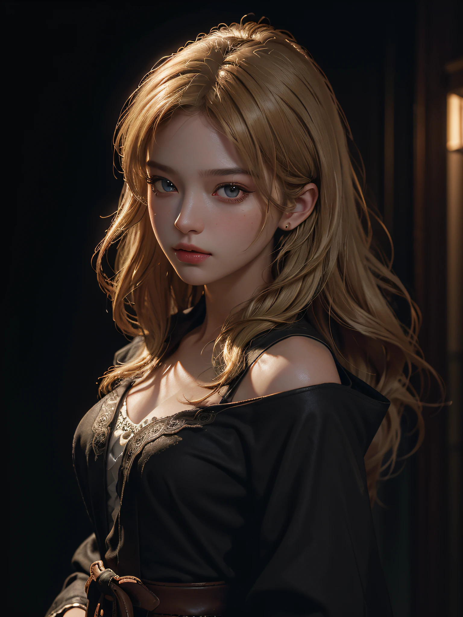 (pre-focused), (dark: 1.6), highest quality, masterpiece, ultra high resolution, (photorealism: 1.4), raw photo, one girl, off-shoulder, (((face close-up)), deep shadows, low key, cowboy shot, in dim light, (formal attire: 1.4), long-haired, blonde, hyper-realist female portrait, fantasy art, photorealistic, dynamic lighting, art station, poster, volume lighting, highly detailed face, 4K, award-winning,
