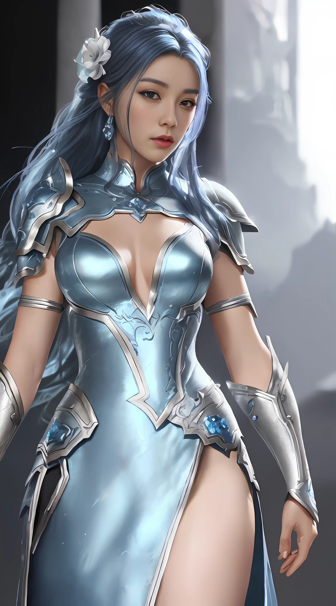 a close up of a woman in a silver and blue dress, chengwei pan on artstation, by Yang J, detailed fantasy art, stunning character art, fanart best artstation, epic exquisite character art, beautiful armor, extremely detailed artgerm, detailed digital anime art, artgerm on artstation pixiv, armor girl