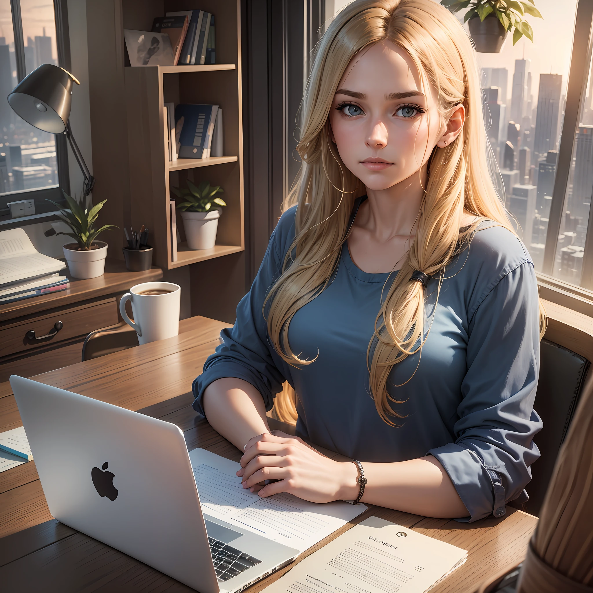 A 31-year-old woman with Long blonde hair  brown hair and a goatee, wearing a blue shirt and black jeans, sitting at a wooden desk with a MacBook laptop open in front of him. The desk is cluttered with papers, a coffee mug, and a houseplant. The man is looking intently at the screen and typing on the keyboard. There is a window behind him with a view of a city skyline at sunset. --auto --s2