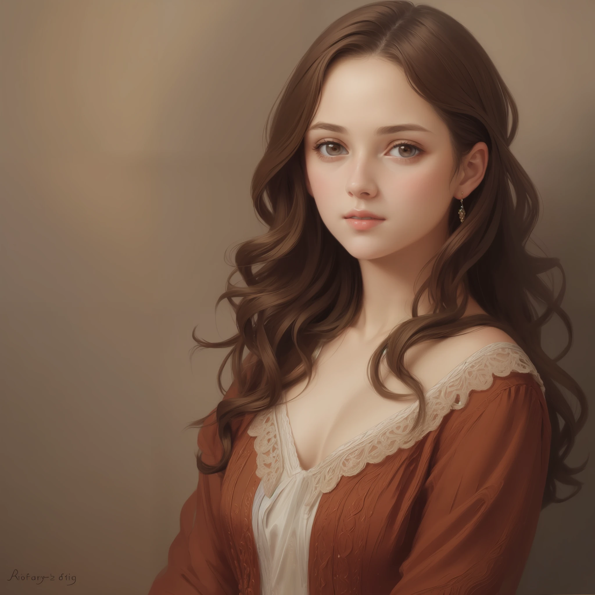 1girl, beautiful girl, very small breasts, short wavy brown hair, portrait, oil painting, modern, realistic proportions, intricate, intricate details, sharp focus