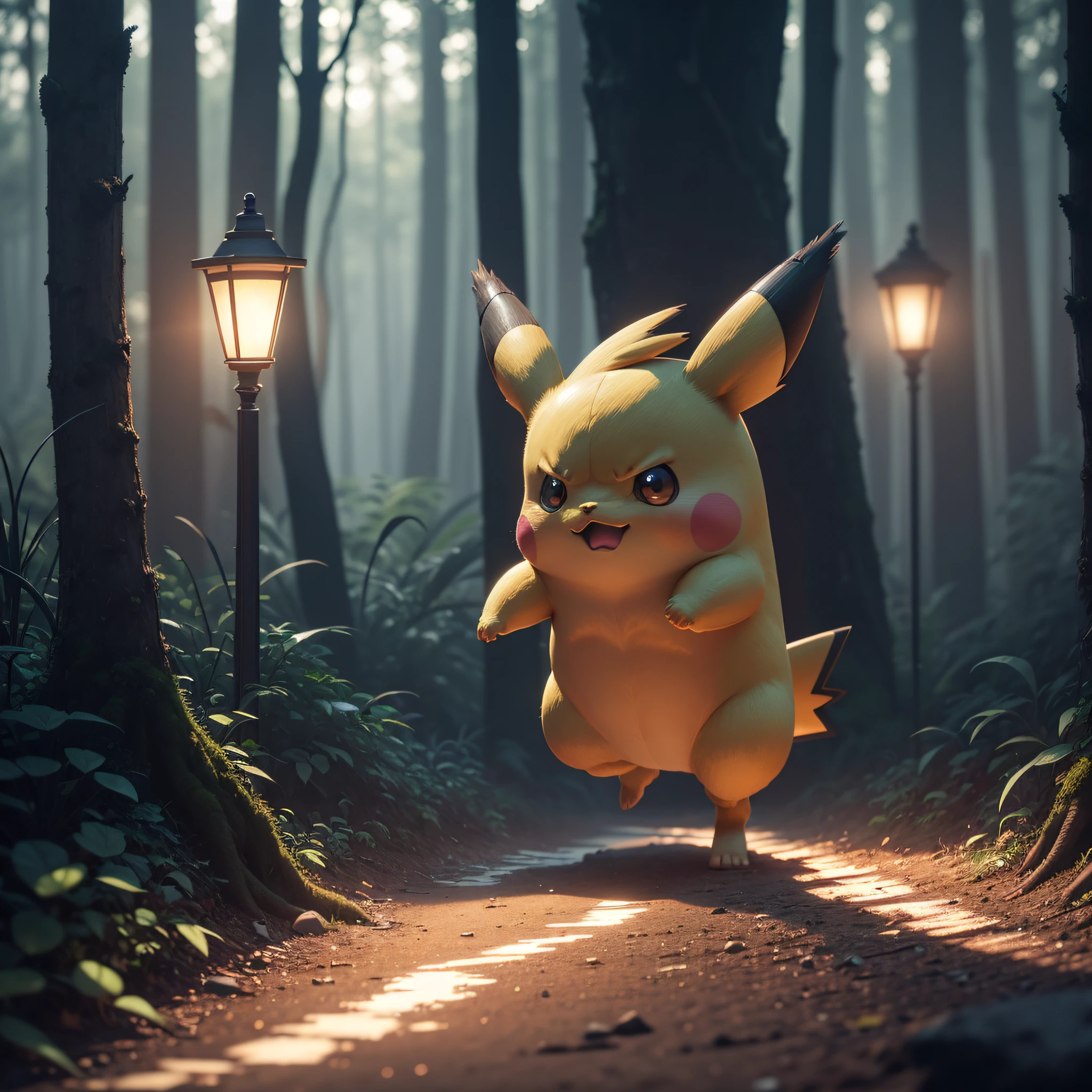 Features Pokemon, pikachu, Lightning comes from the cheeks, Full body 8K Unity rendering, action shot, skin pores, Very dark, lamplight, heavy shadows, pubic detail, Detailed face, (Energetic.), lifelike, Dramatic, The dark, Clear focus, 8k), (Complex: 1.4), decadent, (High detail: 1.4), (Surreal: 1.2), octane render of the, ((Forest background: 1.2)), Photorealistic