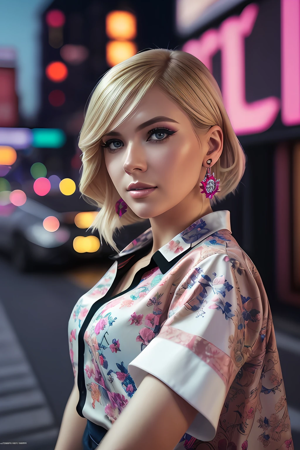 ((Selfie:1.1)), (raw:1.1) photo of (blonde Maj1j3j01-1200:0.99), a woman as a model, modelshoot style, (extremely detailed CG 8k wallpaper unit), photo of the world's most beautiful artwork, majestic professional oil painting by Ed Blinkey, Atey Ghailan, Studio Ghibli, by Jeremy Mann, Greg Manchess, Antonio Moro, trend at ArtStation, trend at CGSociety, Intricate, High detail, sharp focus, dramatic and photorealistic painting art by midjourney and greg rutkowski, (sunset:1.2), (dimly lit), (neon lights:1.2), (carnival:1.1), (makeup:1.1), ((sports car in the background)), ((flowery blouse:1.2)), (looking at the viewer:1.3), (detailed students:1.3), (modern clothing:1.2), (club makeup:1.2), (close up:1.3), (earrings).