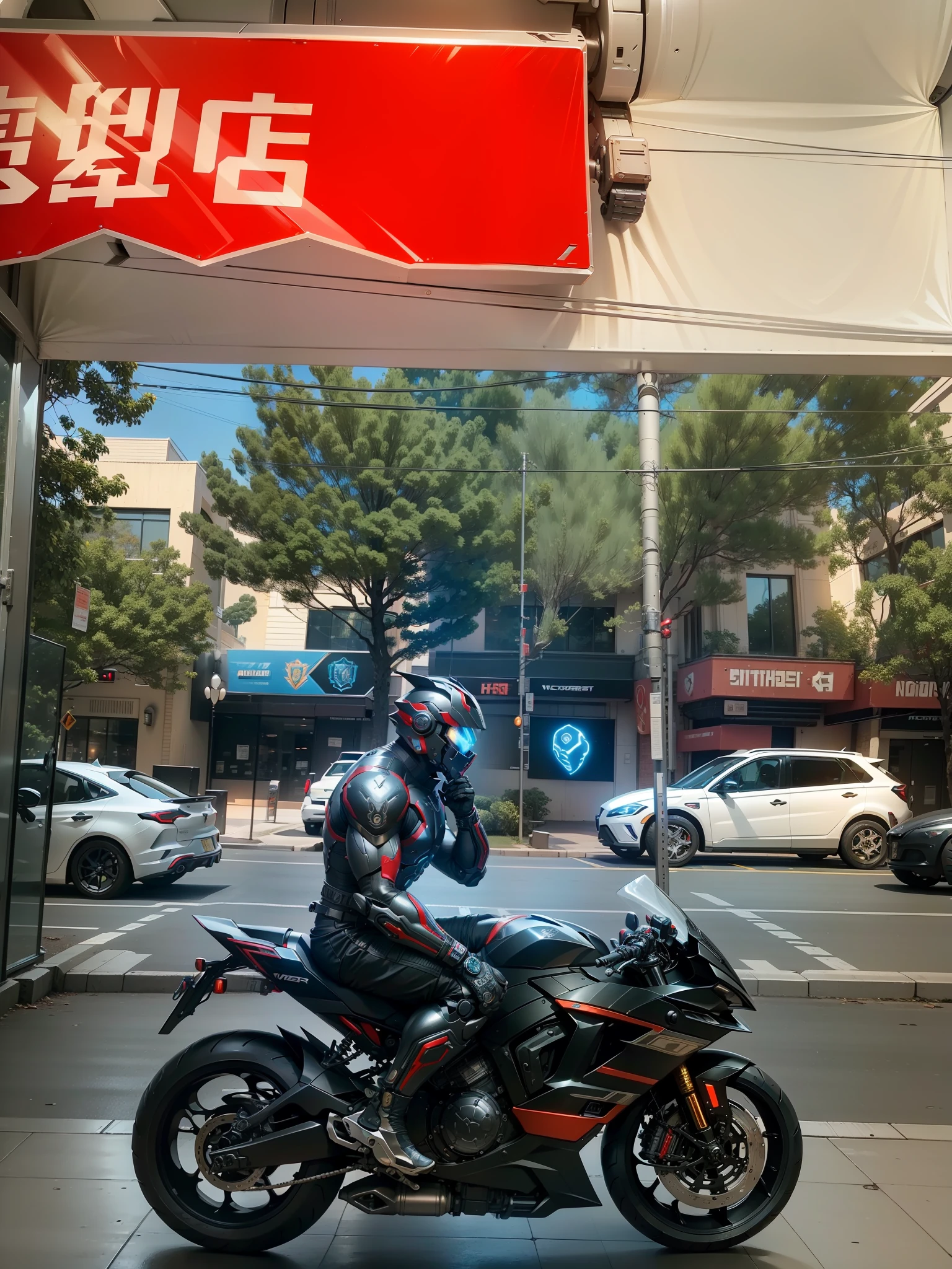 Cyber Warrior & Cybertech Mechanical Motorcycle, Mighty Male Warrior, Nousr, Biomechanics, MSHN Robot Man, Cybertech Full Surround Helmet, Surreal, Steel, Intricate Design, Crazy Detail, Fine Detail, Extremely Clear Lines, Cinematic Lighting, Photo Realistic, Detailed Masterpiece