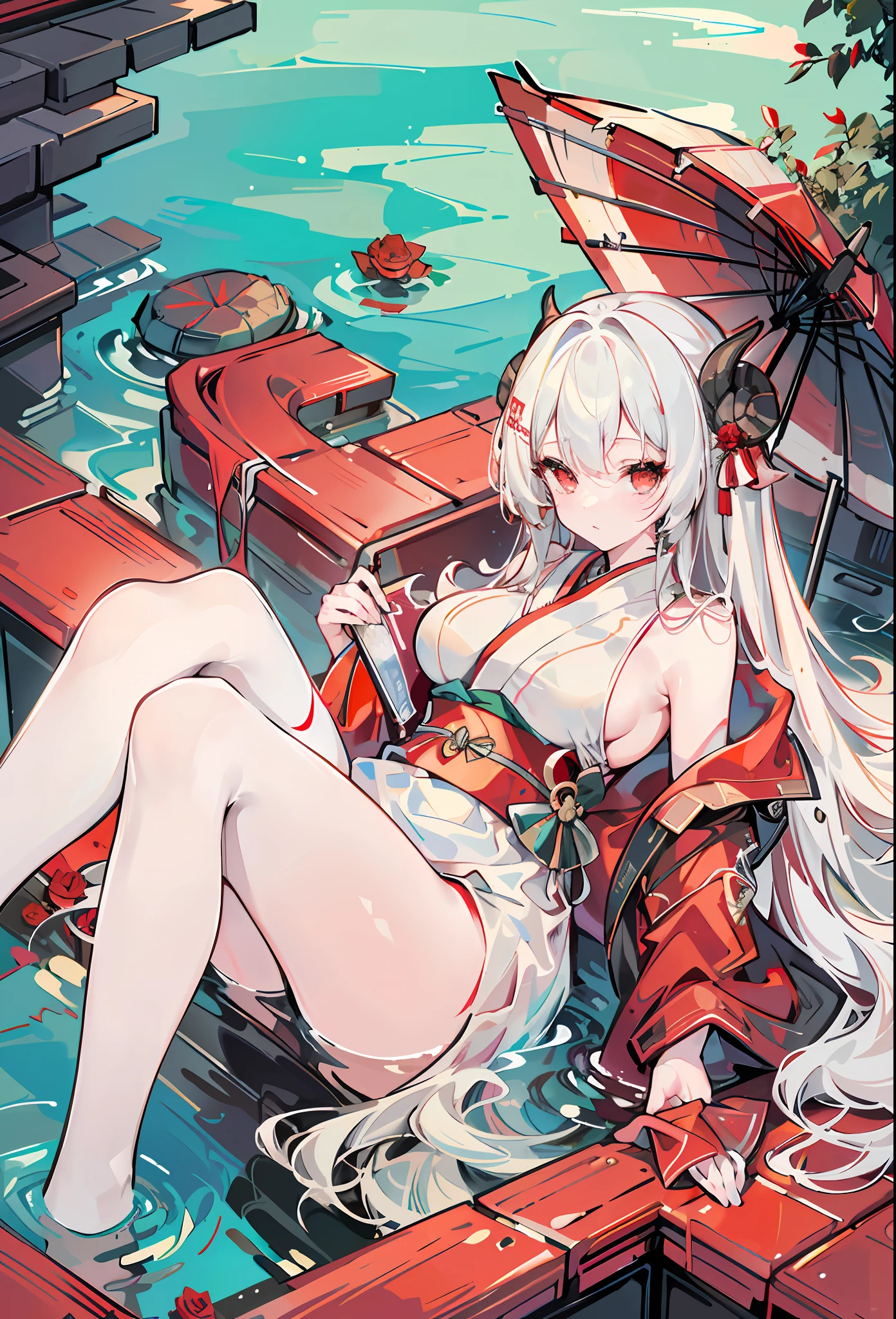 One Girl, (Large: 1.4), Solo, Sheep's Horn, (((Hi-Res)), ((Masterpiece)), ((Best Quality)), ((Very Detailed)), (Very Detailed)), large_filesize, Full Color, Sexy, Long White Hair, Red Eyes (Eyeliner), Lying by the Water, Soaking in Water, Kimono, Red, Open-air, Mysterious Red Lighting, Roses, Night, Ruins,