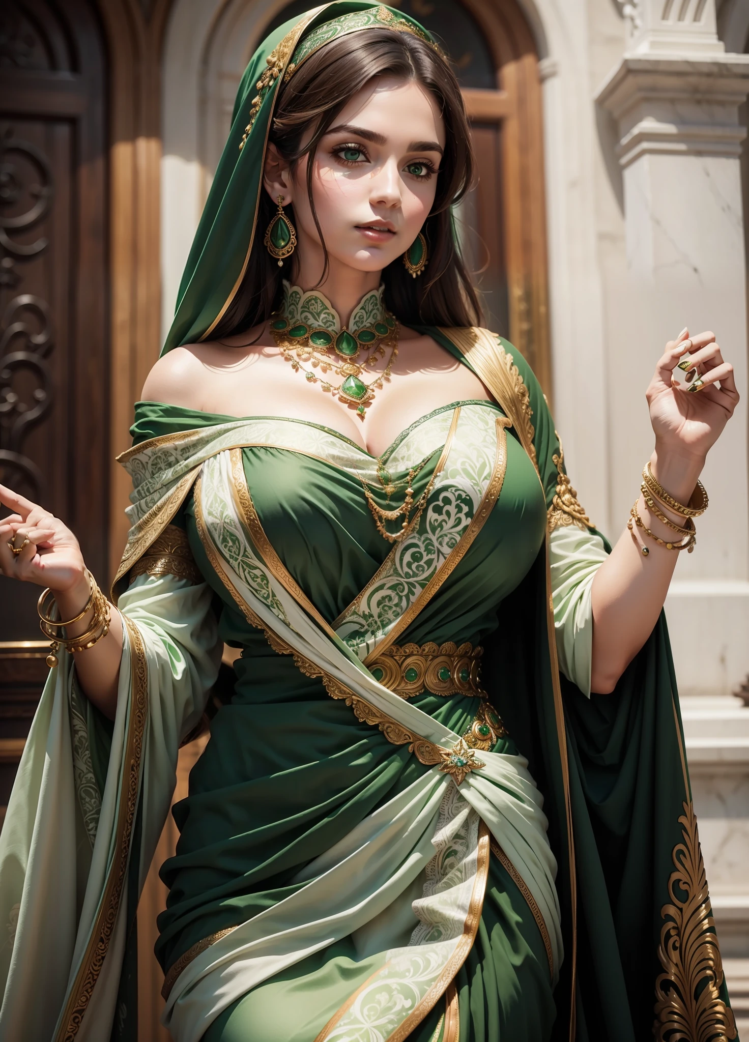 Large-chested woman dressed in ornate green and white clothing with jewelry