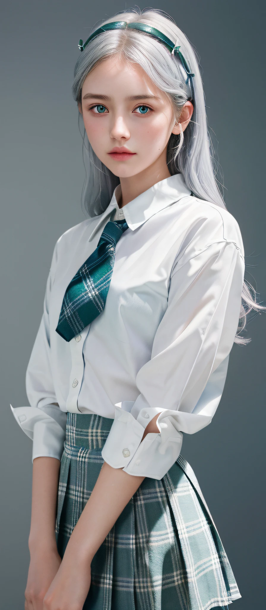 1girl, (masterpiece:1.1), (best quality:1.1), (white blouse:1.1), (plaid skirt:1.1), school uniform, high-waisted skirt, break [blue:pink:0.5] theme, (gradient background: 1.1 ), cowboy shot, break silver hair, long hair,, Green Eyes, Delicate Headgear, Landscape, Green Clothing, (8K, RAW, Professional, Best Quality, Masterpiece: 1.2), (Realistic, Photorealistic: 1.37), Ultra Detail, (Portrait), (Best Detail Skin: 1.2), (Best Detail Face: 1.2), Cinematic Lighting, 1 Girl, Fully symmetrical face, High Definition Face, Detailed Eyes, Tight shirt