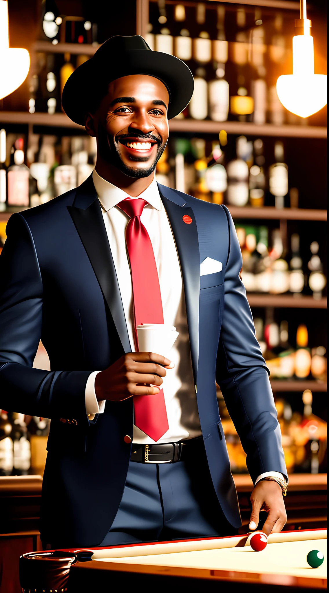 masterpiece, best quality, {{{{portrait}}}}, full body photo, shot at eye level, {{{realism}}}, {{extremely realistic}}, {{photorealistic}}, a black man in a white suit and red tie and {{white hat on his head}}, playing extremely perfect billiards balls, in a bar full of people, he smiling, cheerful, happy,, extremely detailed, intricate details, intricate linework, high resolution illustration, firm anatomy, sharp focus, unreal engine, octane rendering, 8k, dramatic, volumetric lighting