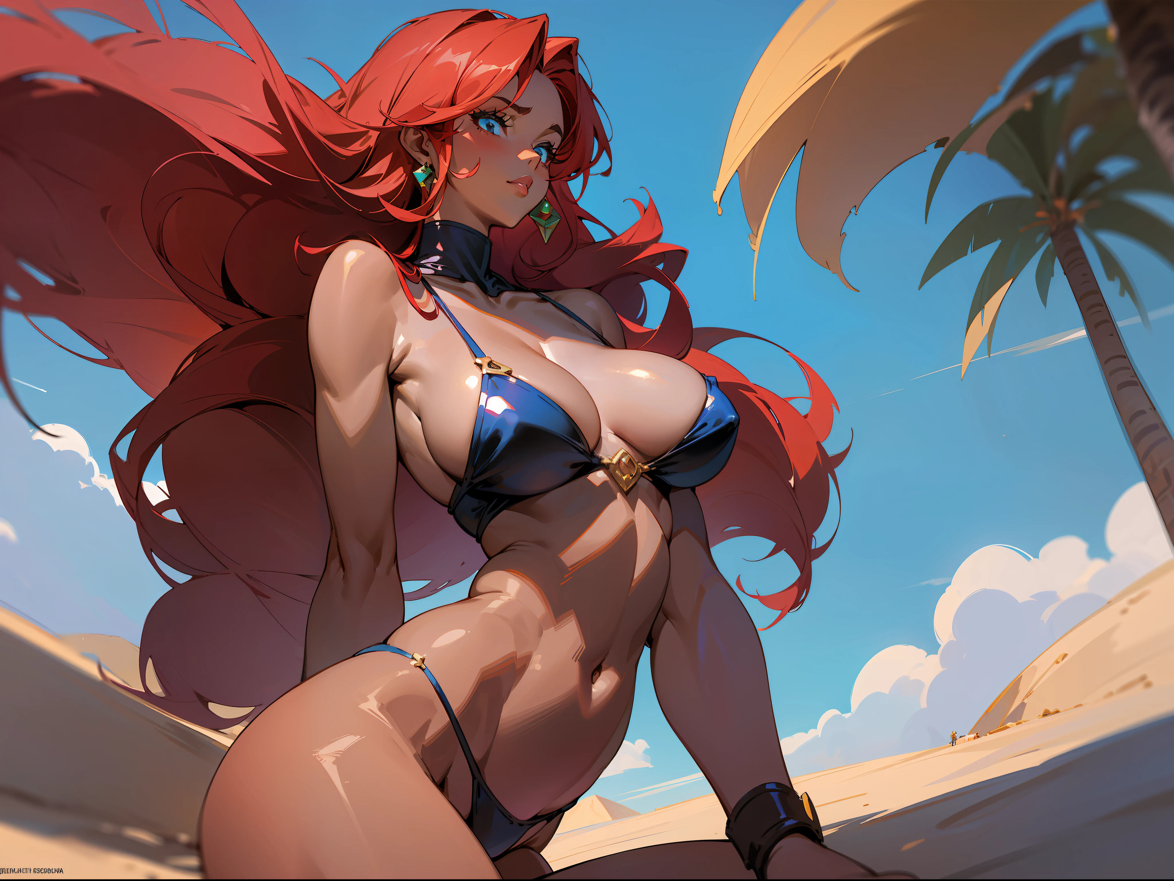 Mature woman, strong, dark skin, black bikini, long red hair, big breasts, big thighs, 80s, fantasy, medieval, desert, sun, blue sky, well detailed glow.