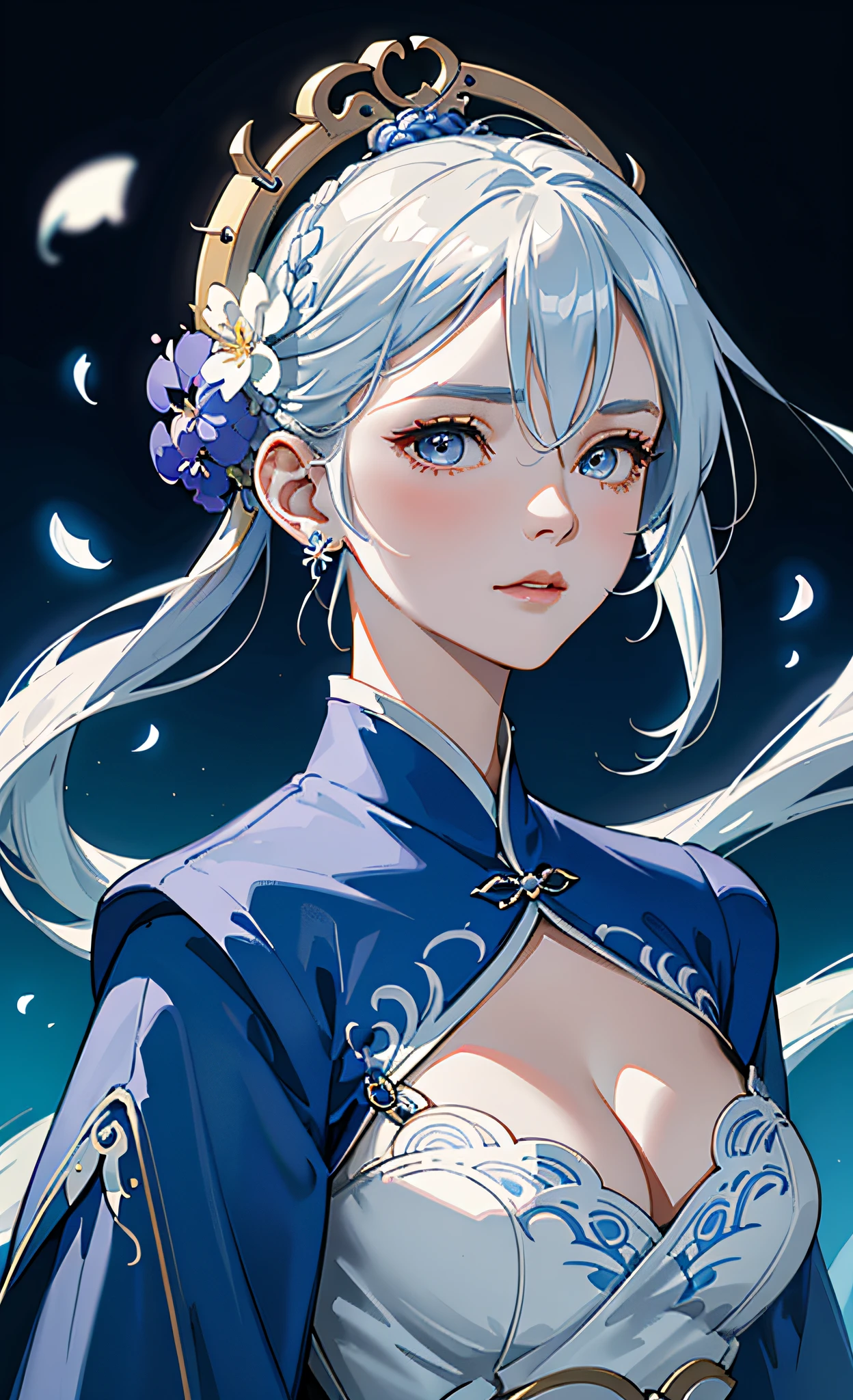 Mature girl, blue and white hair color, inner pick dye, floating hair, delicate and flexible eyes, intricate damask hanfu, gorgeous accessories, wearing pearl earrings, FOV, f/1.8, masterpiece, complex scene, petals flying, front portrait shot, Chang'e, side lighting, oversized breasts,
