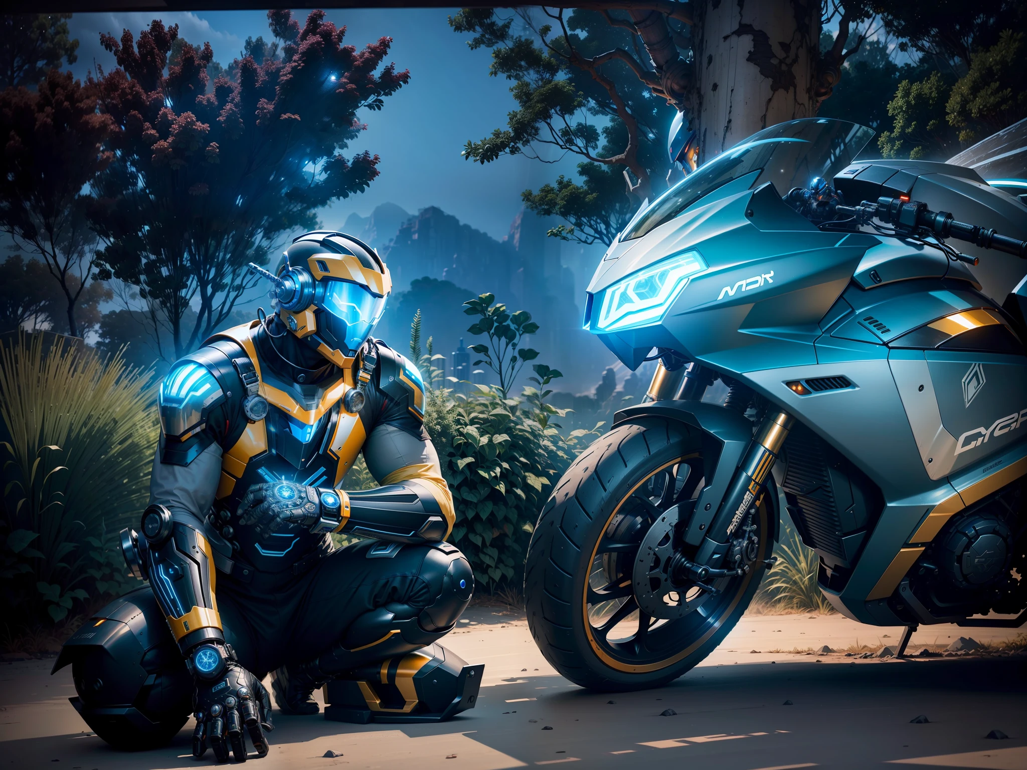 Cyber Man Warrior and Cyber Tech Mechanical Motorcycle, Cyber Tech Suit, Nousr, Biomechanics, MSHN Robot Man, Cyber Tech Full Surround Helmet, Surreal, Steel, Intricate Design, Crazy Details, Fine Details, Extremely Clear Lines, Cinematic Lighting, Photo Realistic, Detailed Masterpiece