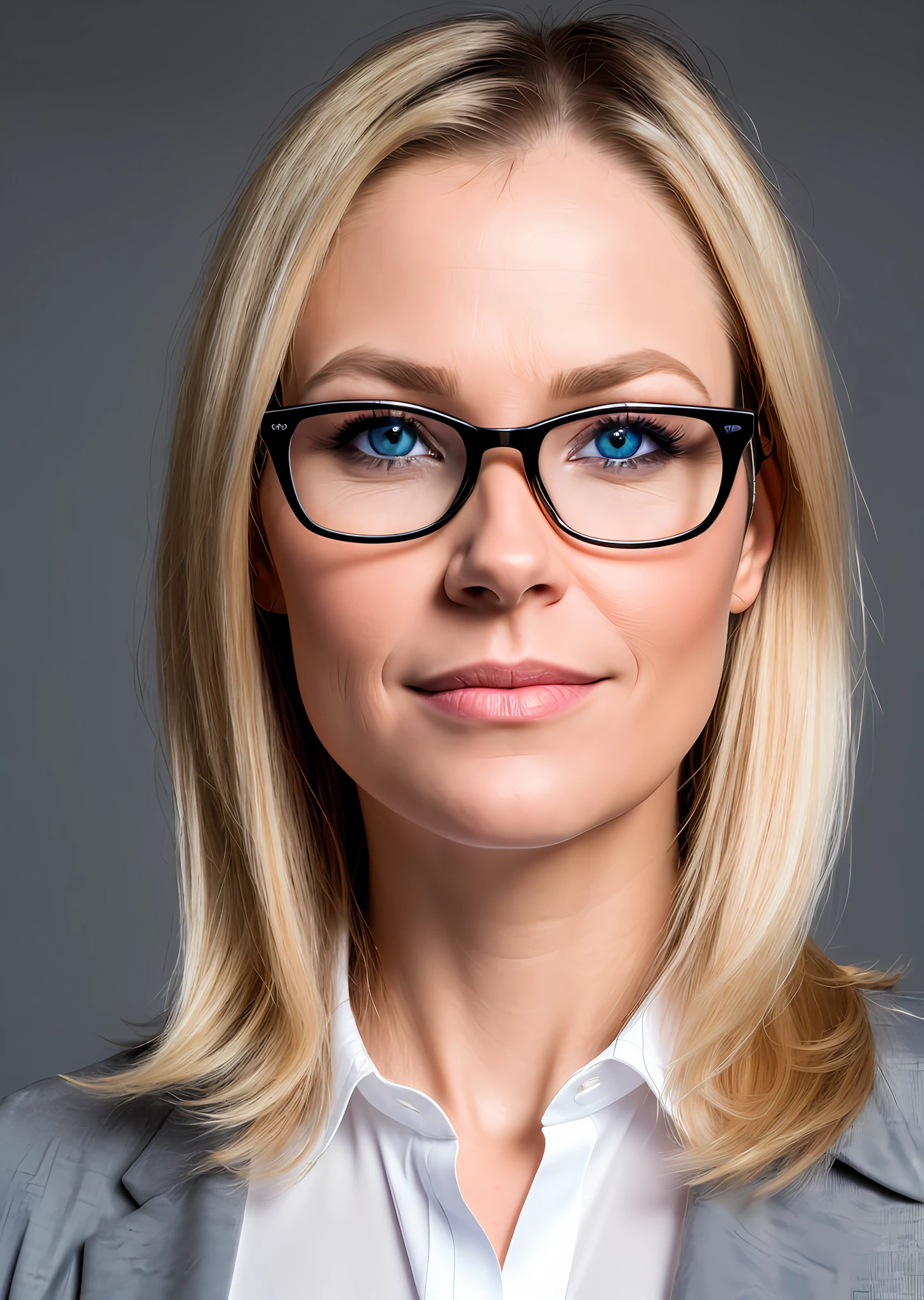 (high quality, clear and detailed close-up portrait), a 35-year-old caucasian woman posing for a professional headshot, (shoulder length blond hair + black glasses + blue eyes + light make-up), (neutral expression + confidence + serious), (plain Jane), (black office shirt), (consistent lighting and deep contrast), photo studio background, centered