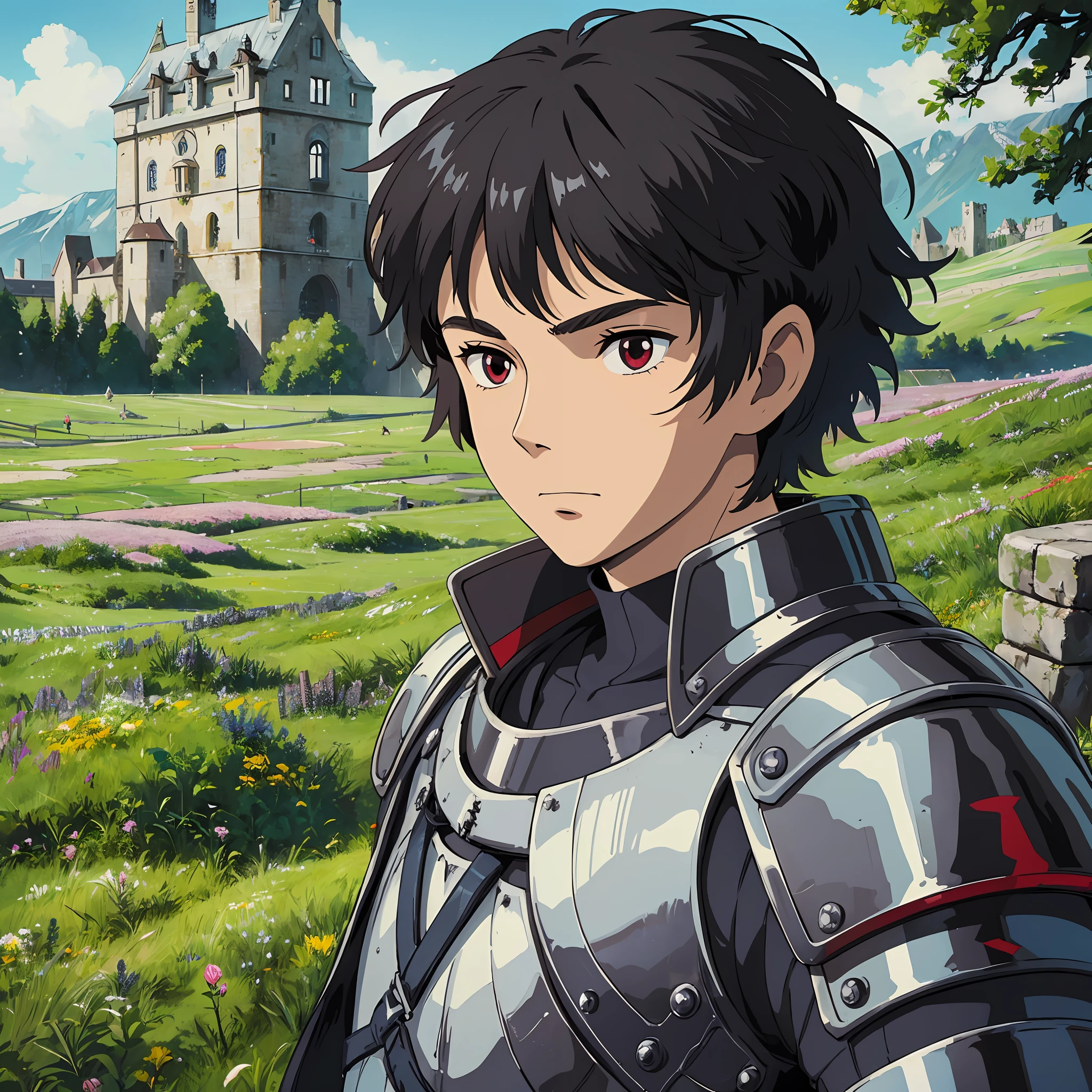 Man, ager, white skin, short black hair spiky red eye, shiny medieval armor, STUDIO GHIBLI STYLE, PORTRAIT, PORTRAIT, MEADOW BACKGROUND WITH CASTLE IN THE BACKGROUND