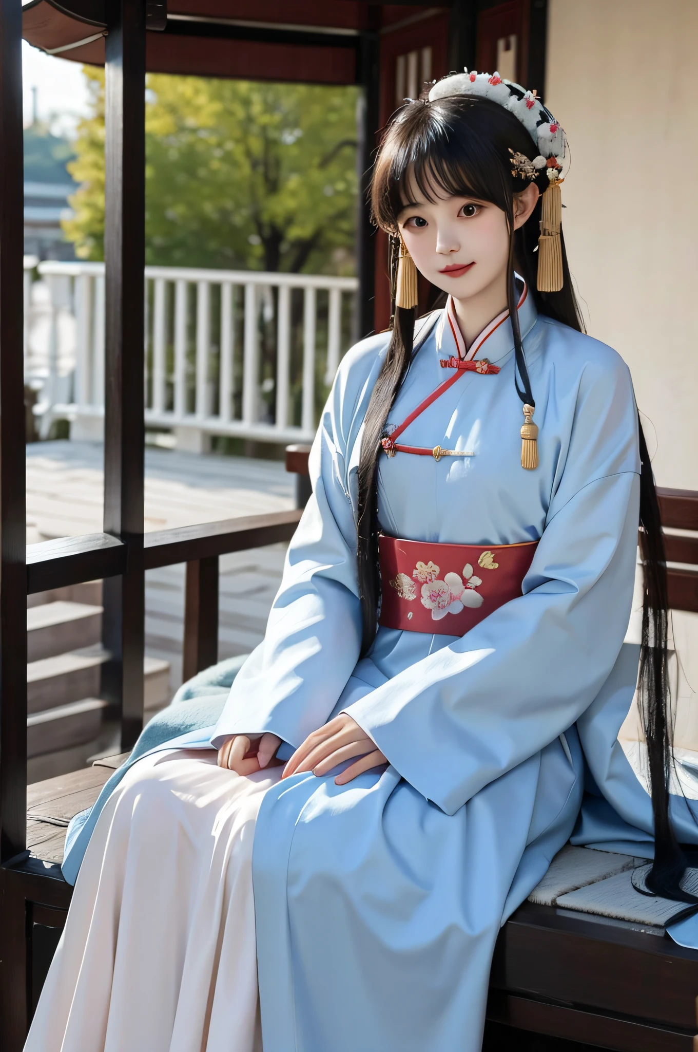 A girl, dressed in Chinese Hanfu,