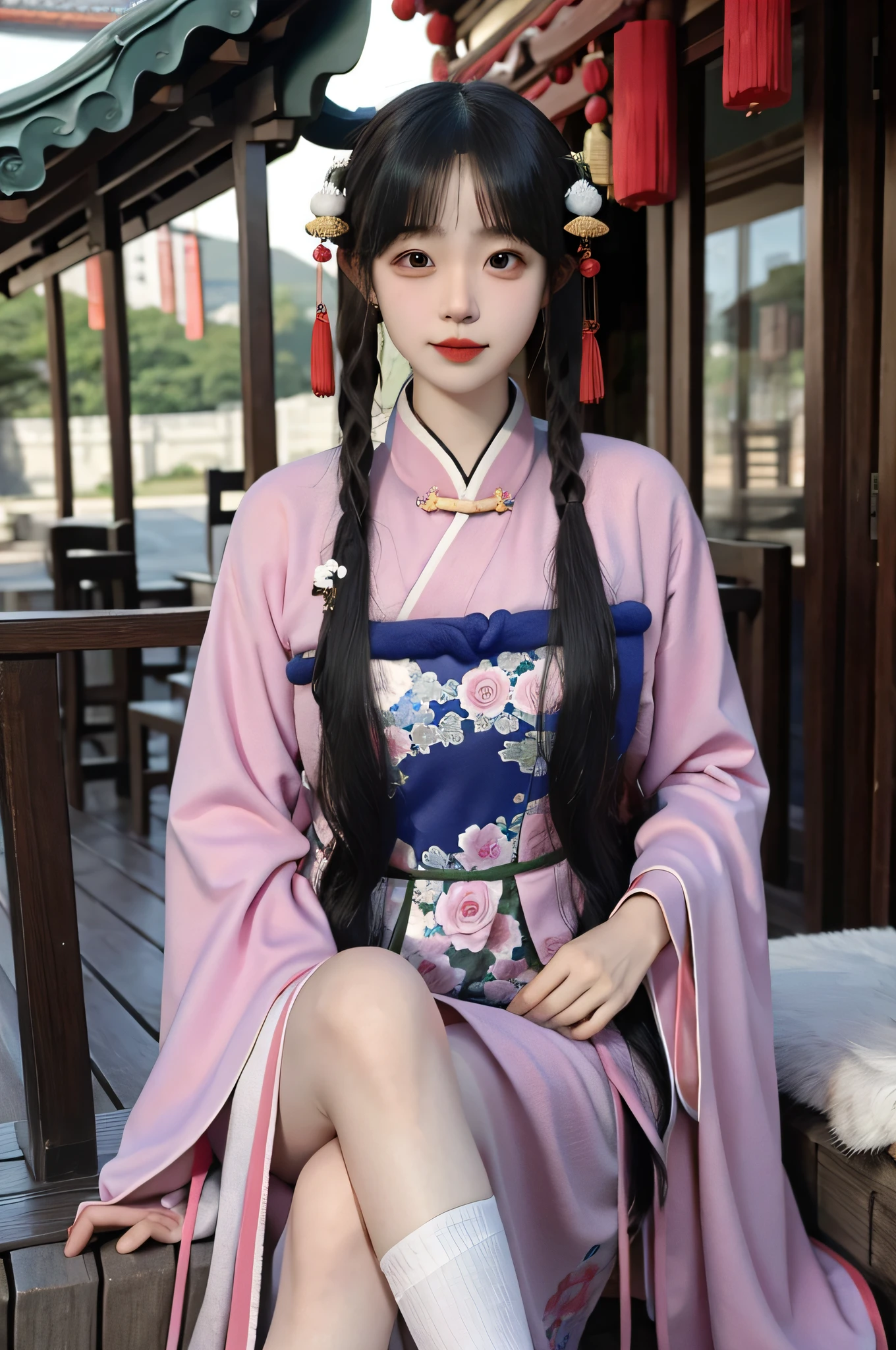 A girl, dressed in Chinese Hanfu,